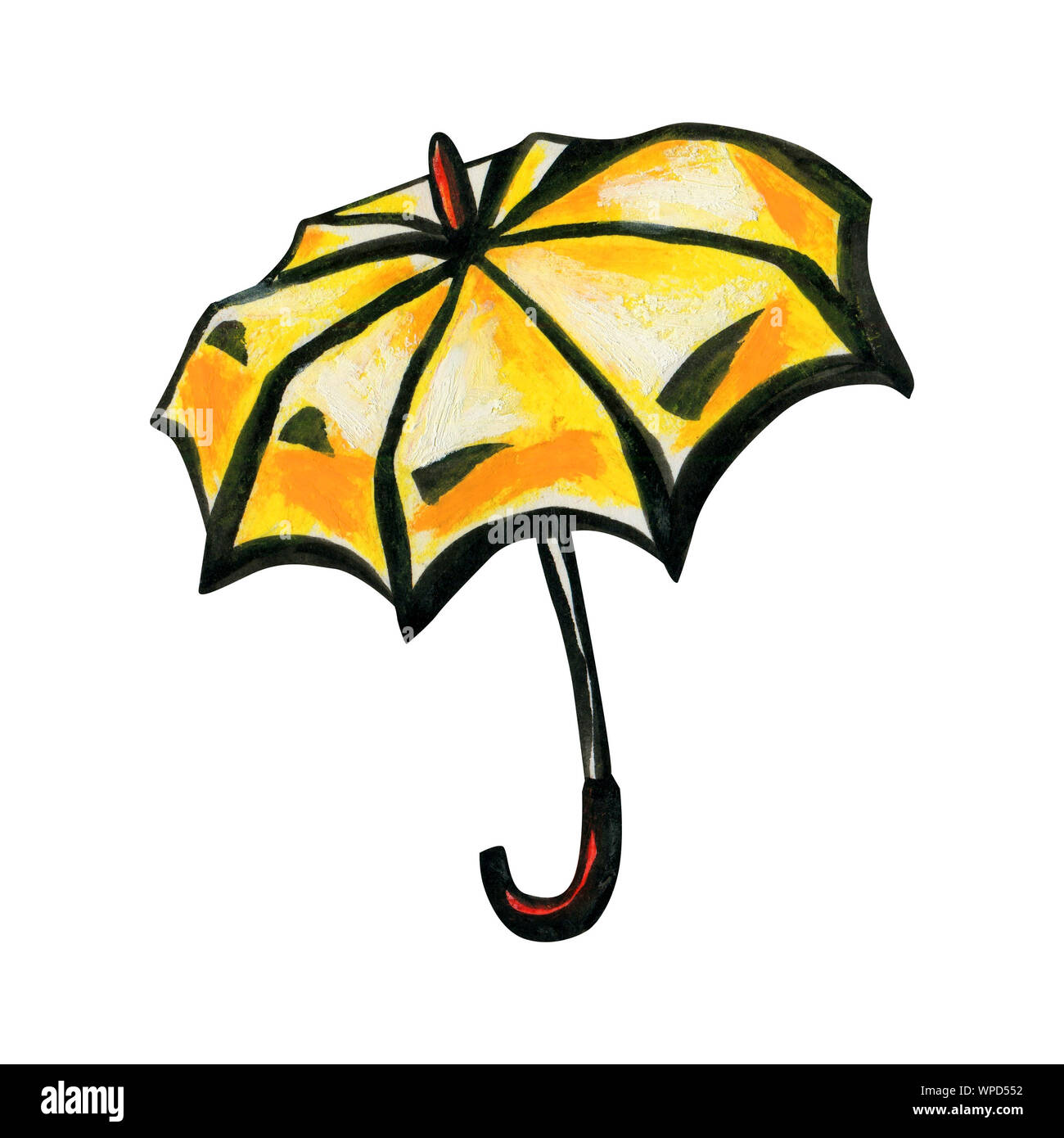 Yellow Umbrella Rohrstock mit rotem Griff. Herbst und Frühling Konzept. Orange einzelnes Objekt auf einem weißen Hintergrund. Für Spaziergänge bei Regenwetter. Stockfoto