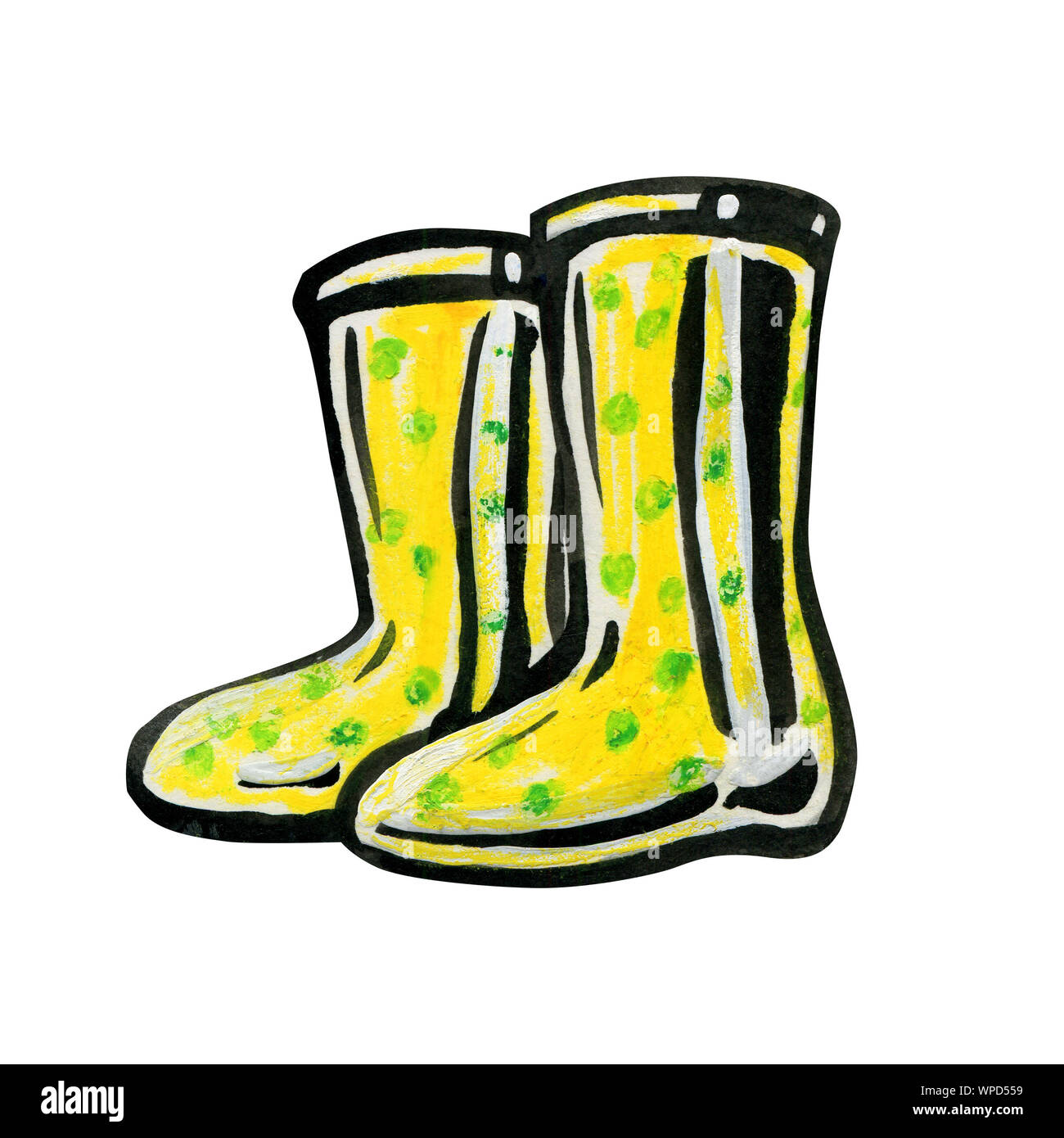 Gelbe Gummistiefel in grüne Erbsen. Herbst und Frühling Konzept. Baby Schuhe isoliert auf einem weißen Hintergrund. Schuhe für Wanderungen in der Natur. Stockfoto