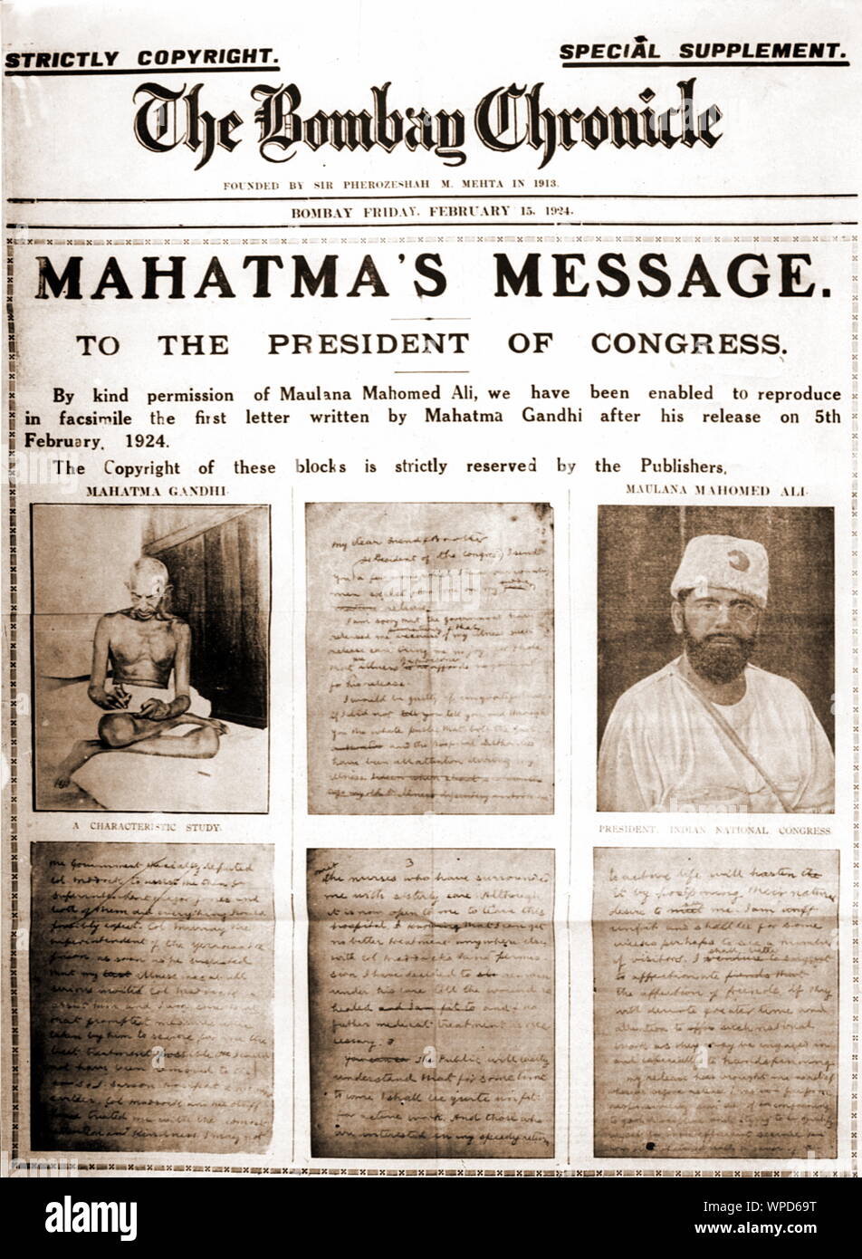 Chronik Zeitung in Bombay, Indien, Asien, 8. Februar 1924 Stockfoto