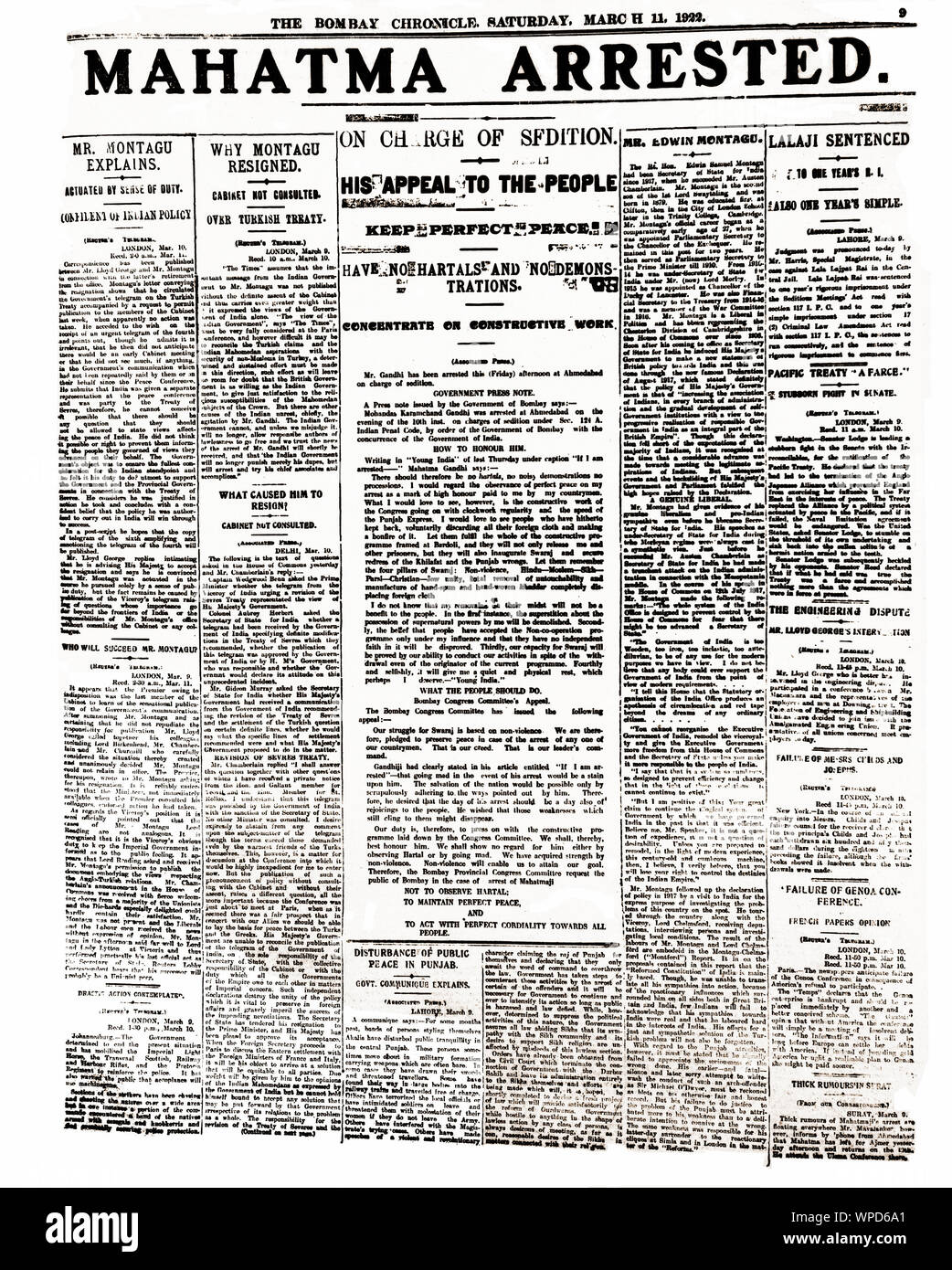 Mahatma Gandhi verhaftet, Titelseite der Chronischen Zeitung Bombay, Indien, Asien, 11. März 1922, Altes Vintage 1900s Bild Stockfoto