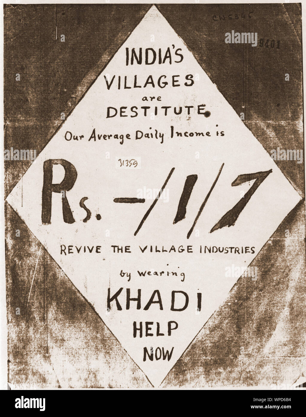 Handgeschriebene Plakat für Khadi Wiederbelebung durch Mirabehn, Indien, Asien, Februar 1929 Stockfoto