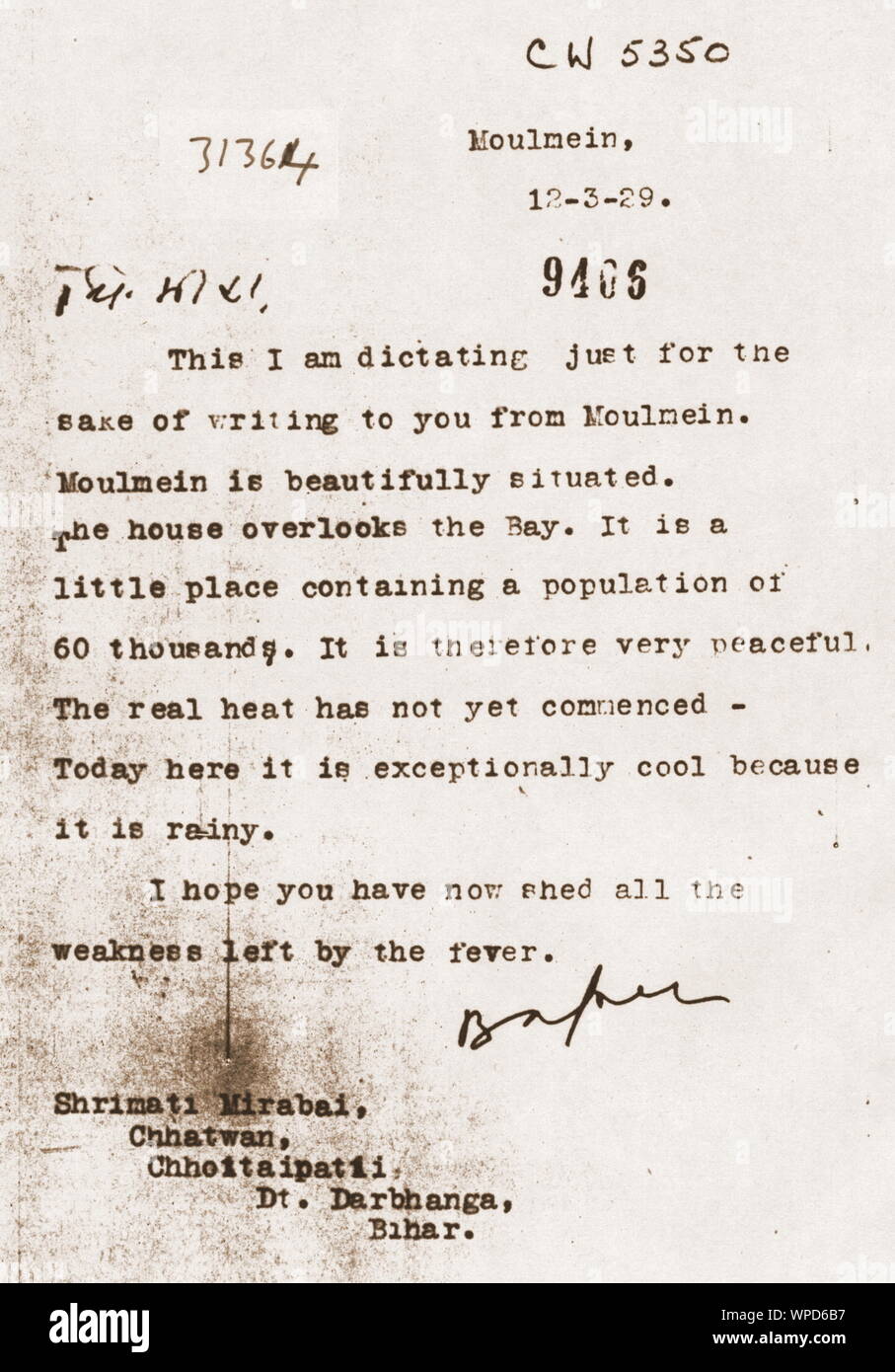 Typisierte Brief von Mahatma Gandhi, Indien, Asien, 12. März 1929 Stockfoto