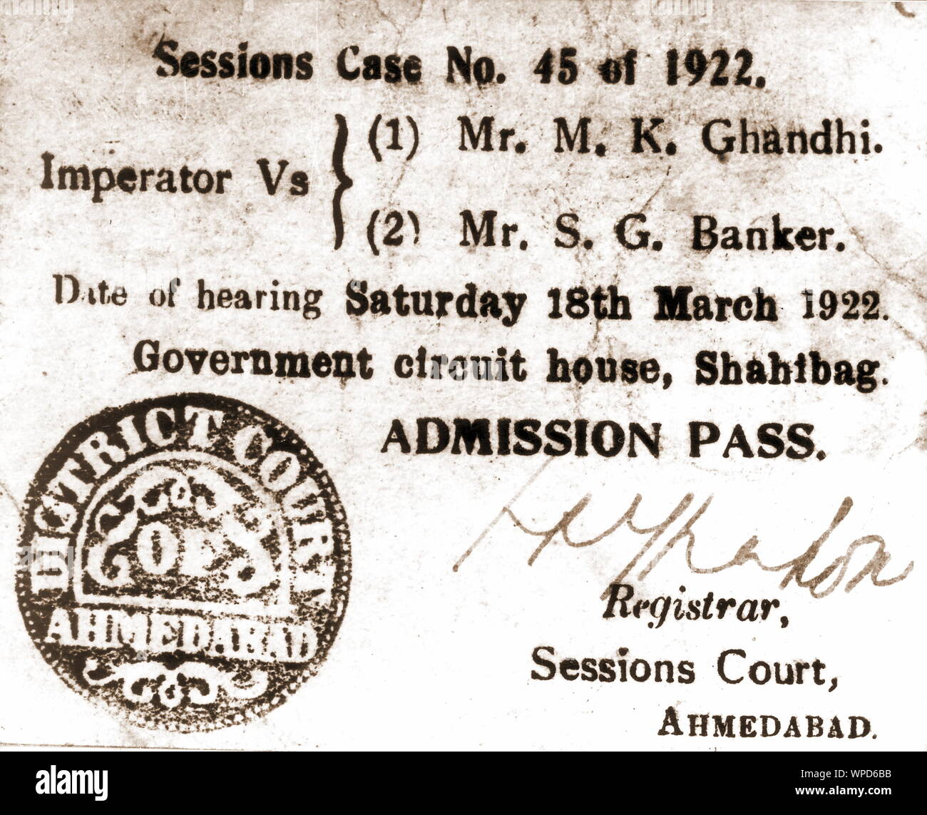 Einreisepass für Gerichtsverfahren gegen Mahatma Gandhi, Ahmedabad, Indien, Asien, 18. März 1922 Stockfoto
