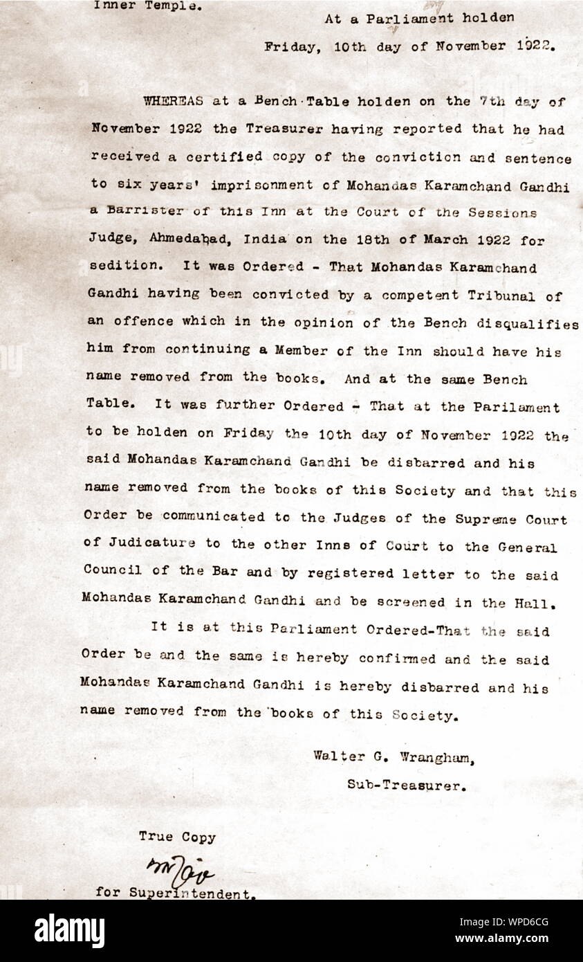 Dokument kaufgesetze Mahatma Gandhi von Rolle der Rechtsanwälte, London, England, UK, 10. November 1922 Stockfoto