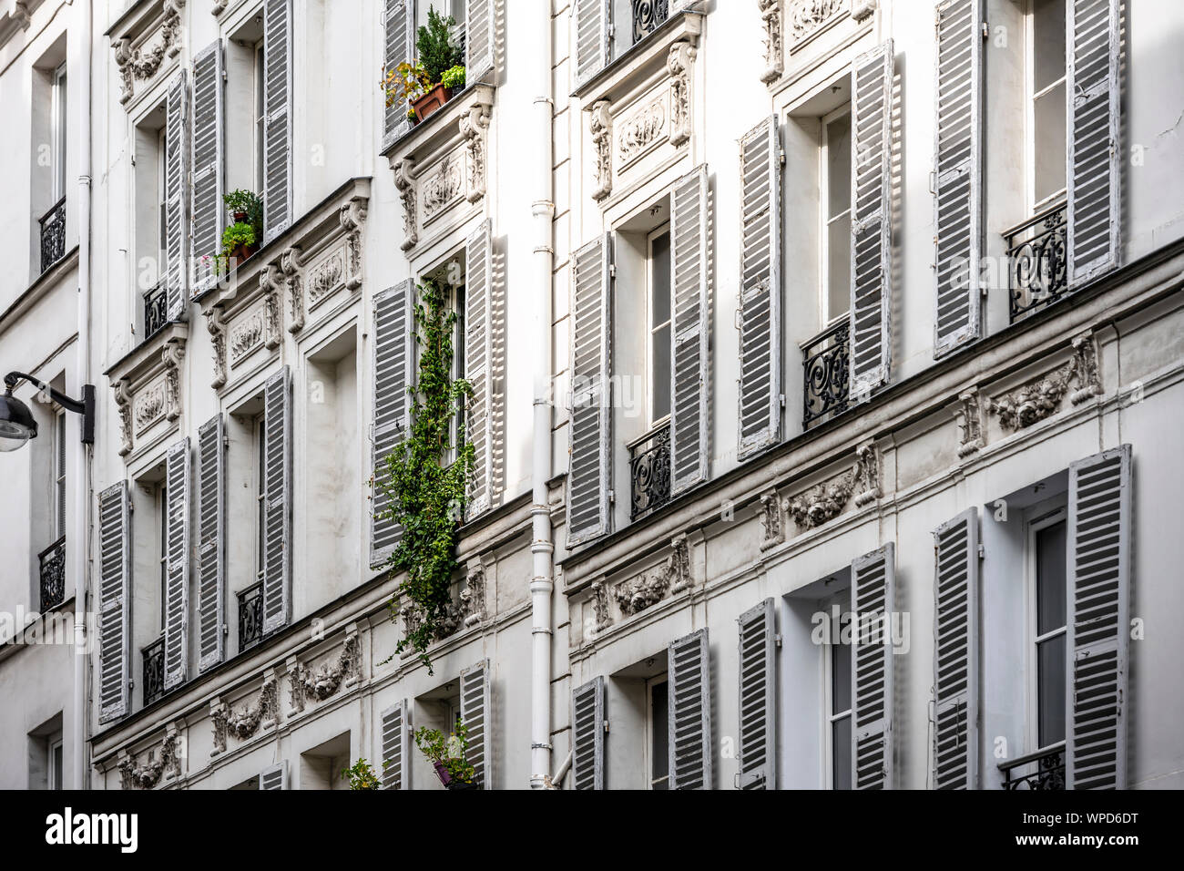 Wohnhäuser mit plastischen Reliefs, Fensterläden aus Holz, buckligen Dächern und Dachboden Add-ons Strukturen zieht Massen von Touristen nach Paris wit Stockfoto