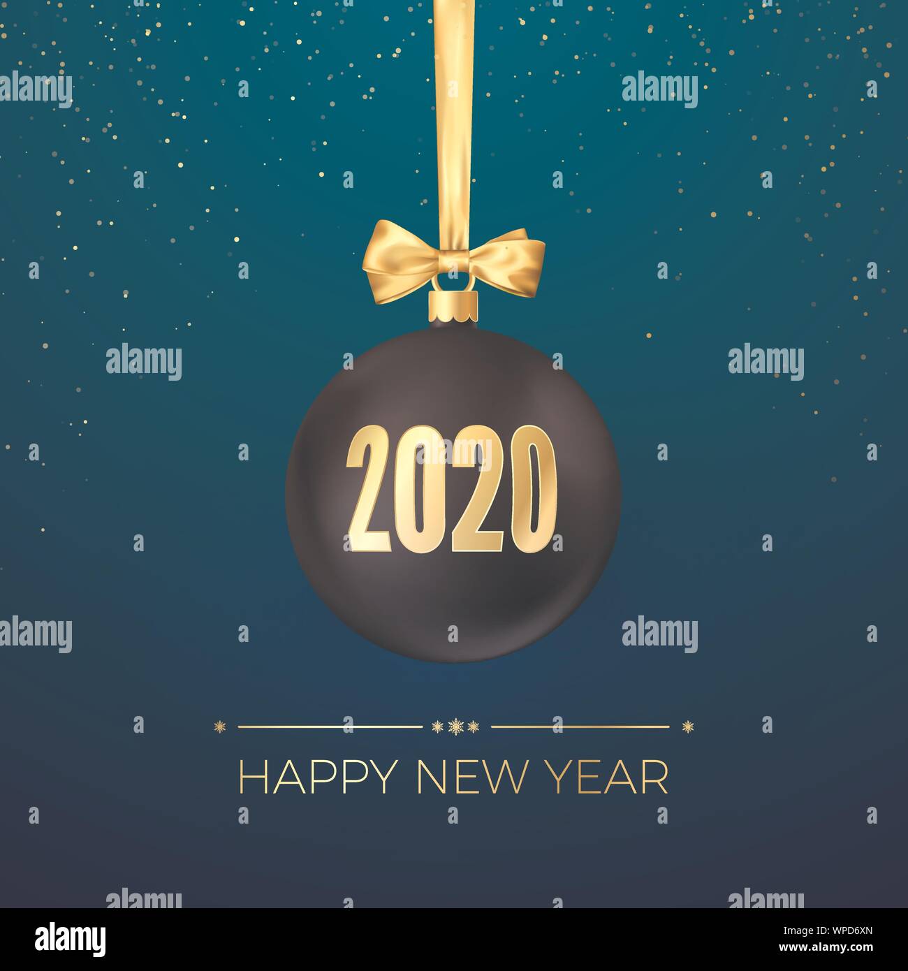 Frohes Neues Jahr 2020. Grußkarte mit Black Christmas Ball mit Goldband und gold Zahlen 2020 auf Sie. Neues Jahr und Weihnachten Dekoration eleme Stock Vektor