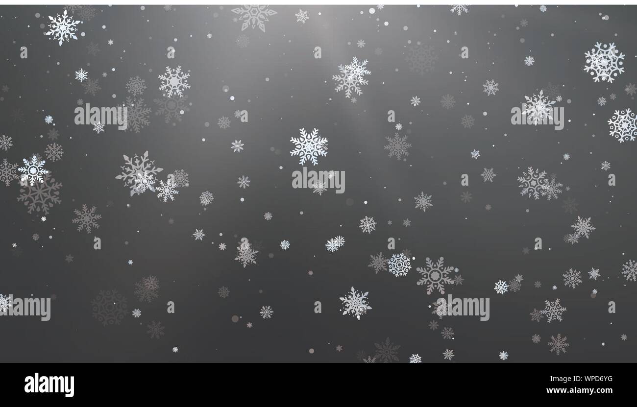 Saisonale Winterurlaub Hintergrund. Festiveal Schneefall am dunklen Himmel. Weiße Schneeflocken fallen. Frost, Schnee und Sonnenschein. Vector Illustration Stock Vektor