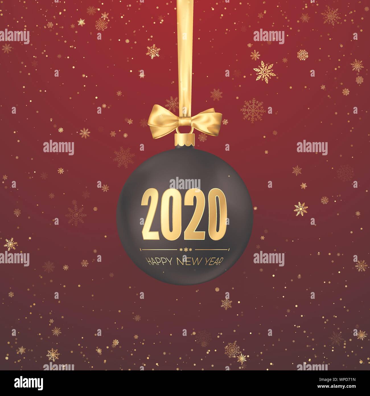 Frohes Neues Jahr 2020. Grußkarte mit Schneefall Black Christmas Ball mit Goldband und gold Zahlen 2020 auf Sie. Neues Jahr und Weihnachten decorat Stock Vektor