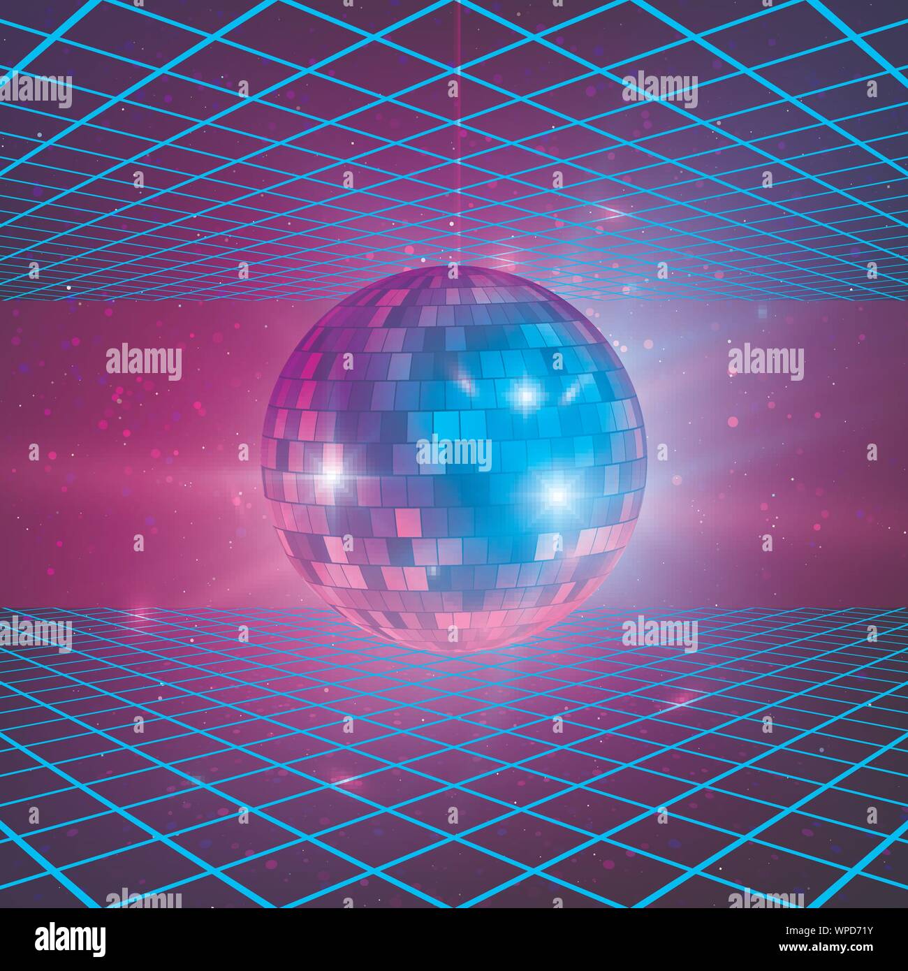 Retro Hintergrund mit Laser Strahlen und Mirror Ball. Disco Party 80 s Poster Vorlage. Vector Illustration Stock Vektor