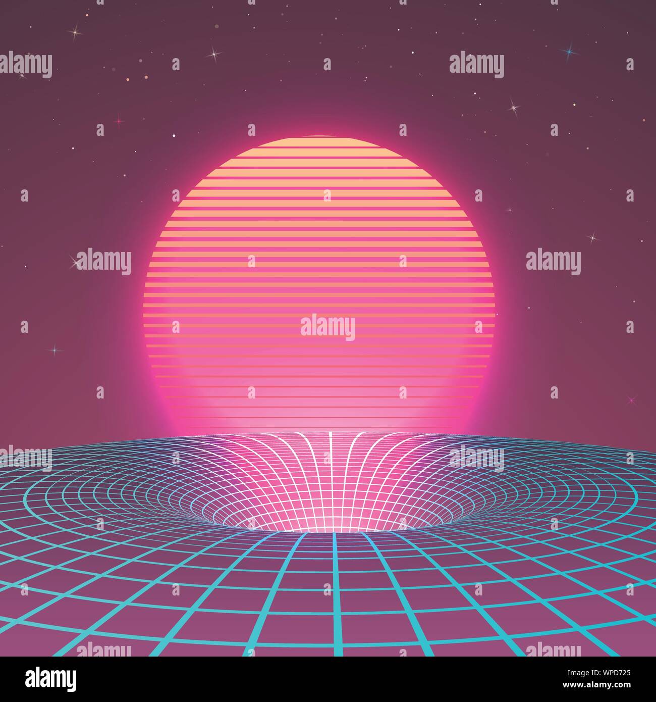 Schwarzes Loch in Neon Farben von 80 s oder 90 s. Hintergrund oder Abdeckung für retrowave elektronische Musik Stil. Sci-fi Poster Vorlage. Vector Illustration Stock Vektor