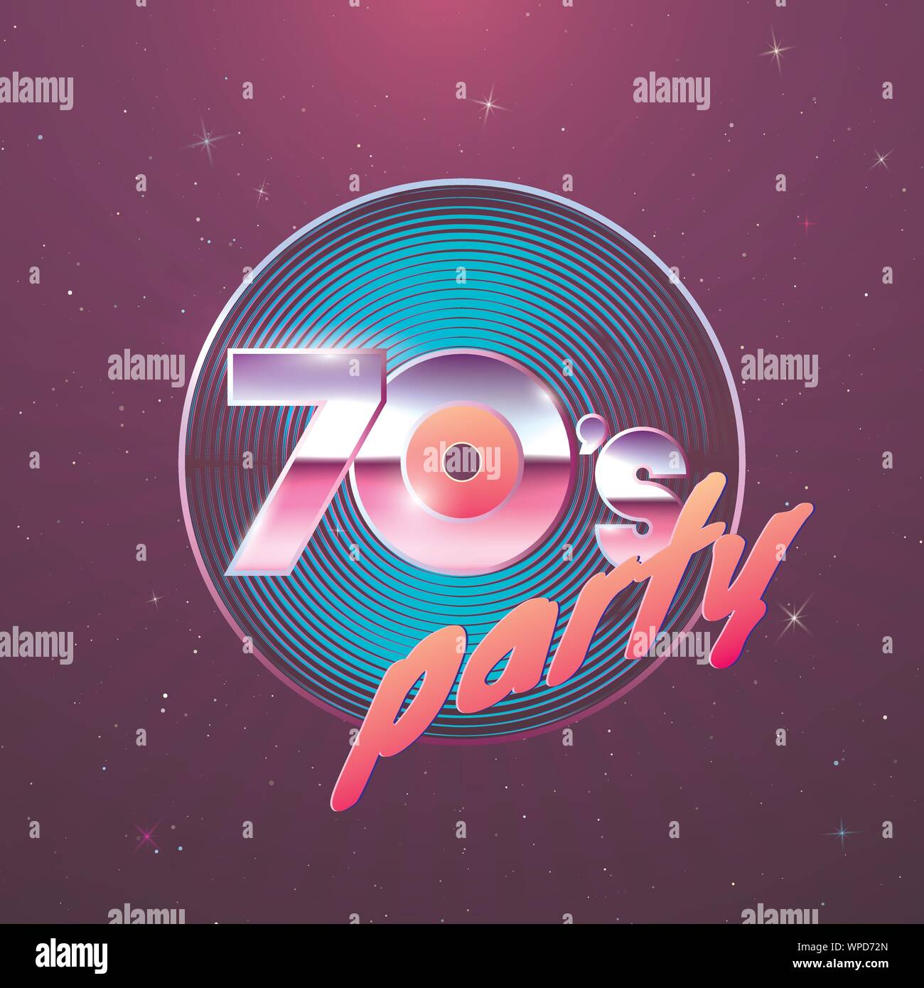 Paster Vorlage für Retro Disco Party 70er. Schallplatte und Neon Farben Element der 1970er Stil. Vintage Musik Flyer. Vector Illustration Stock Vektor
