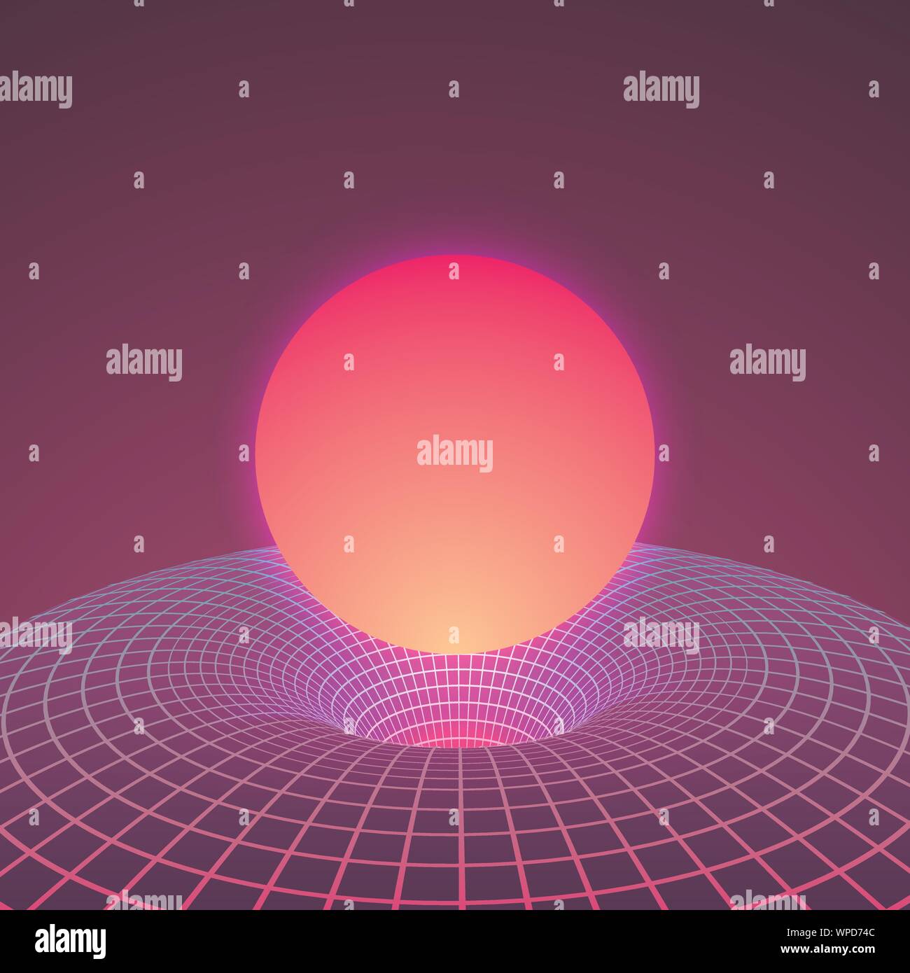 Schwarzes Loch und Warp Platz in Neon Farben der 80er. Hintergrund oder Abdeckung für retrowave elektronische Musik Stil. Vector Illustration Stock Vektor