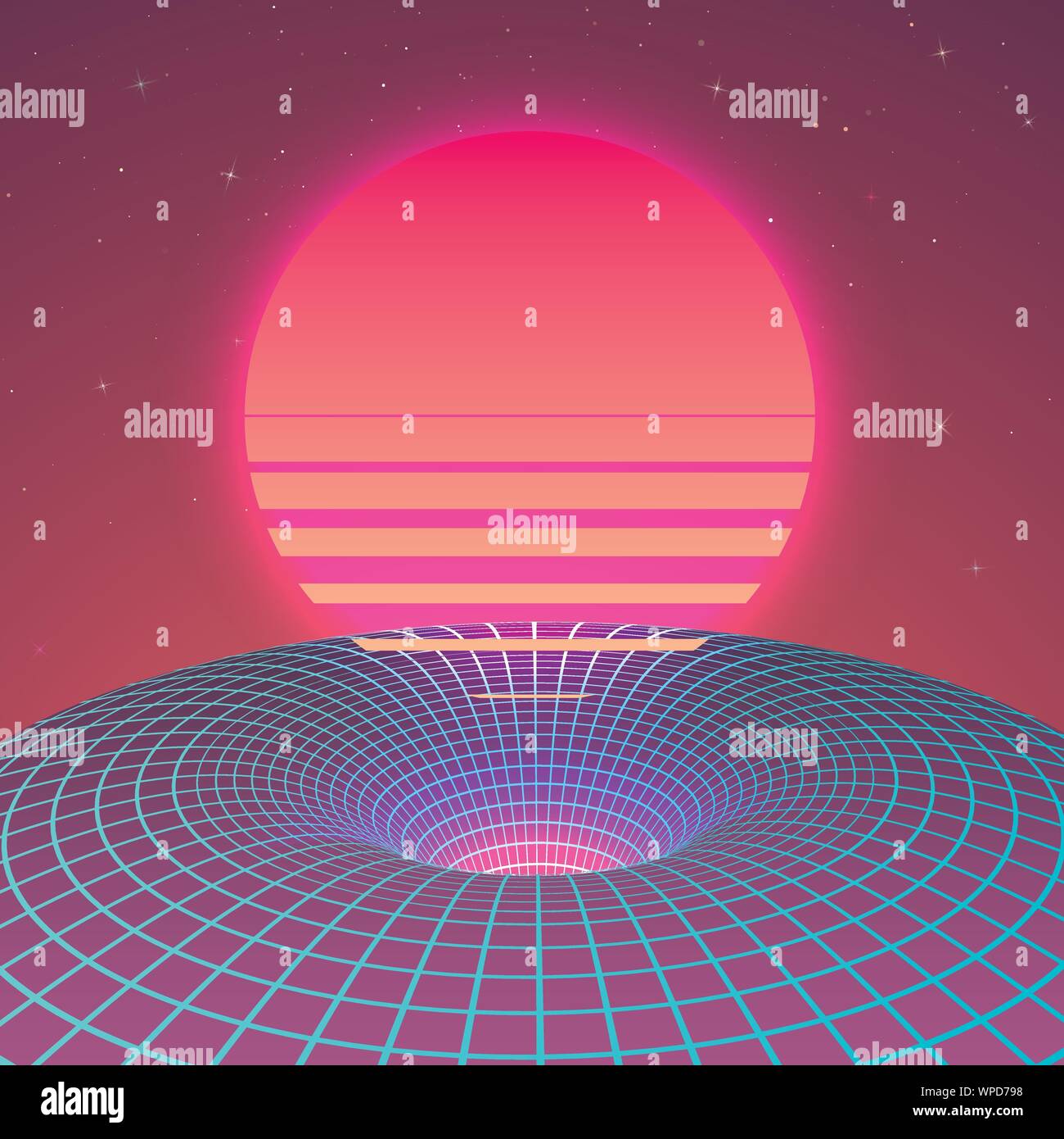 Warp Raum - Schwarzes Loch in Neon Farben der 80er. Hintergrund oder Abdeckung für retrowave Musik Stil. Vektor Stock Vektor