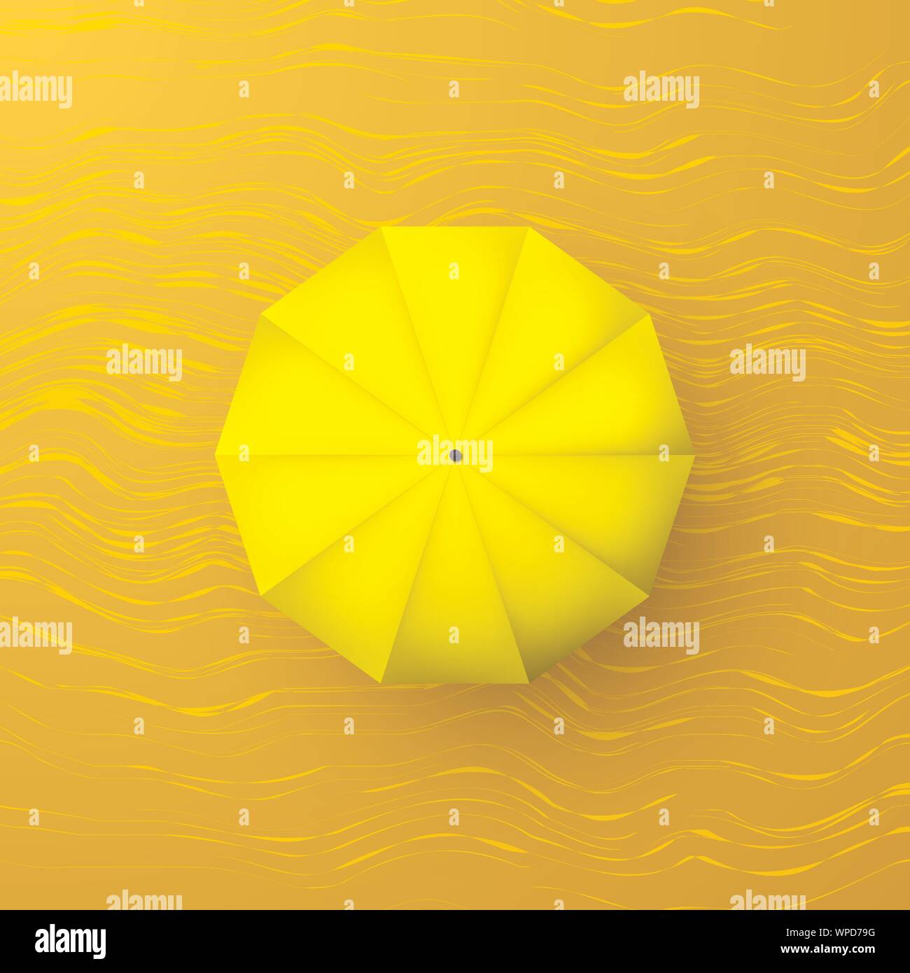 Yellow Umbrella auf Sand. Ansicht von oben. Sonnenschirm mit Schatten. Vector Illustration Stock Vektor