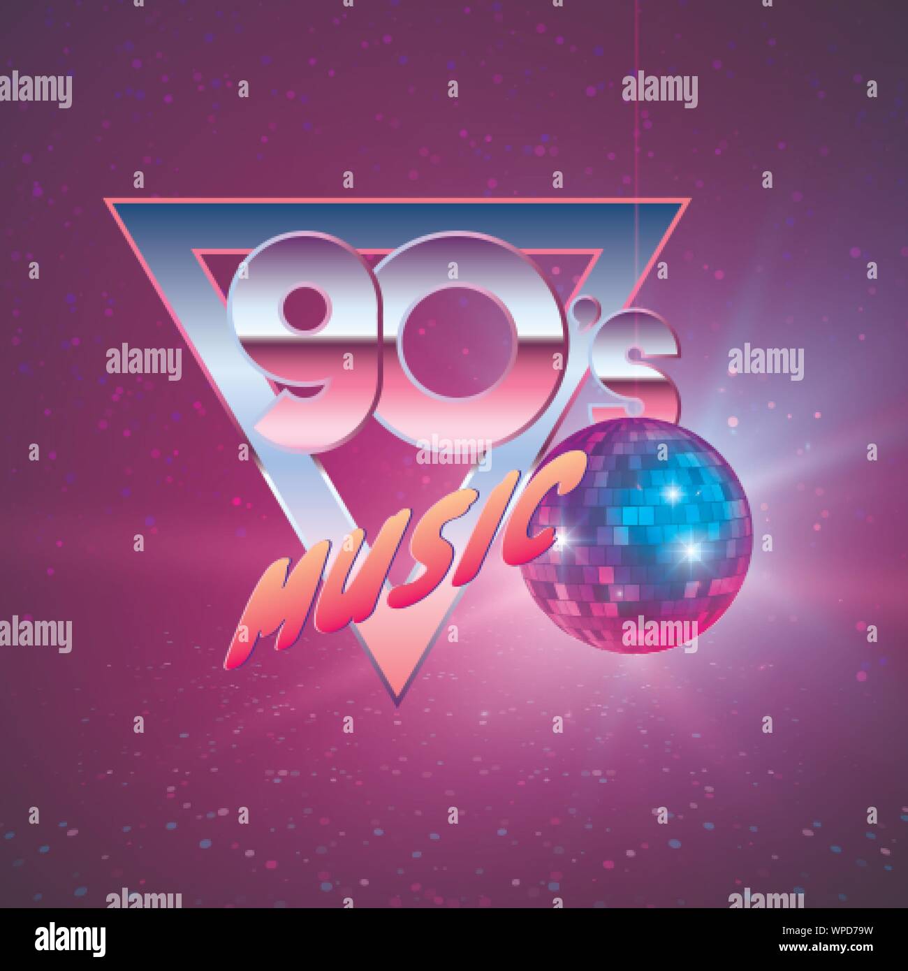 Paster Vorlage für Disco Party 90. Neon Farben und Mirror Ball für den Hintergrund. Vintage Musik Flyer. Vector Illustration Stock Vektor