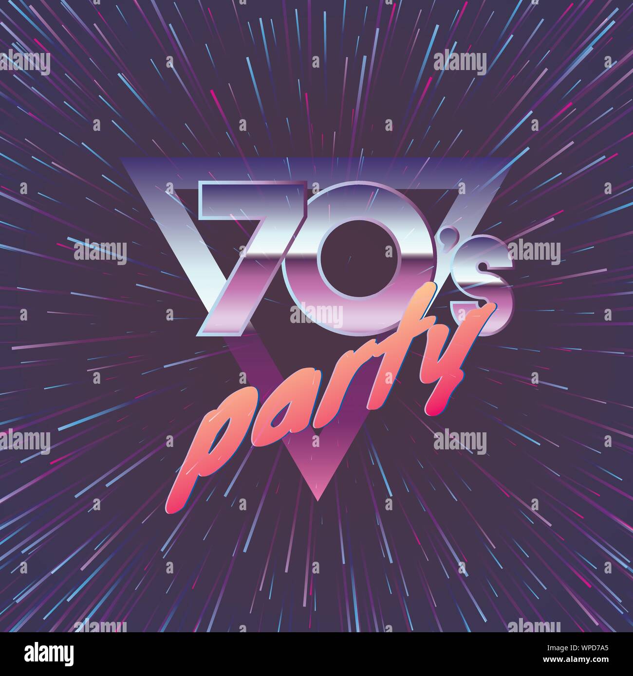 Retro Party 70er. Bewegung durch das Universum in Neonfarben. Vintage Musik Flyer. Vector Illustration Stock Vektor