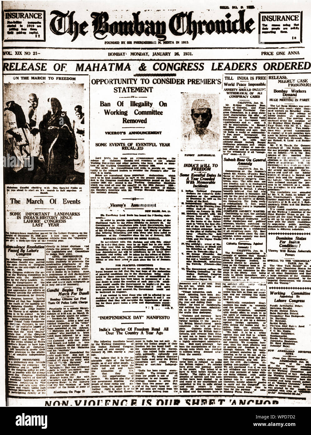 Startseite Chronik Zeitung von Bombay, Indien, Asien, 26. Januar 1931 Stockfoto