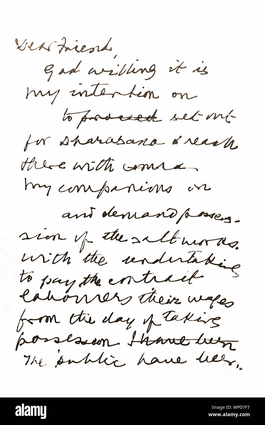 Handgeschriebenen Brief von Mahatma Gandhi an die britische Vizekönig, Indien, Asien, 4. Mai 1930 Stockfoto