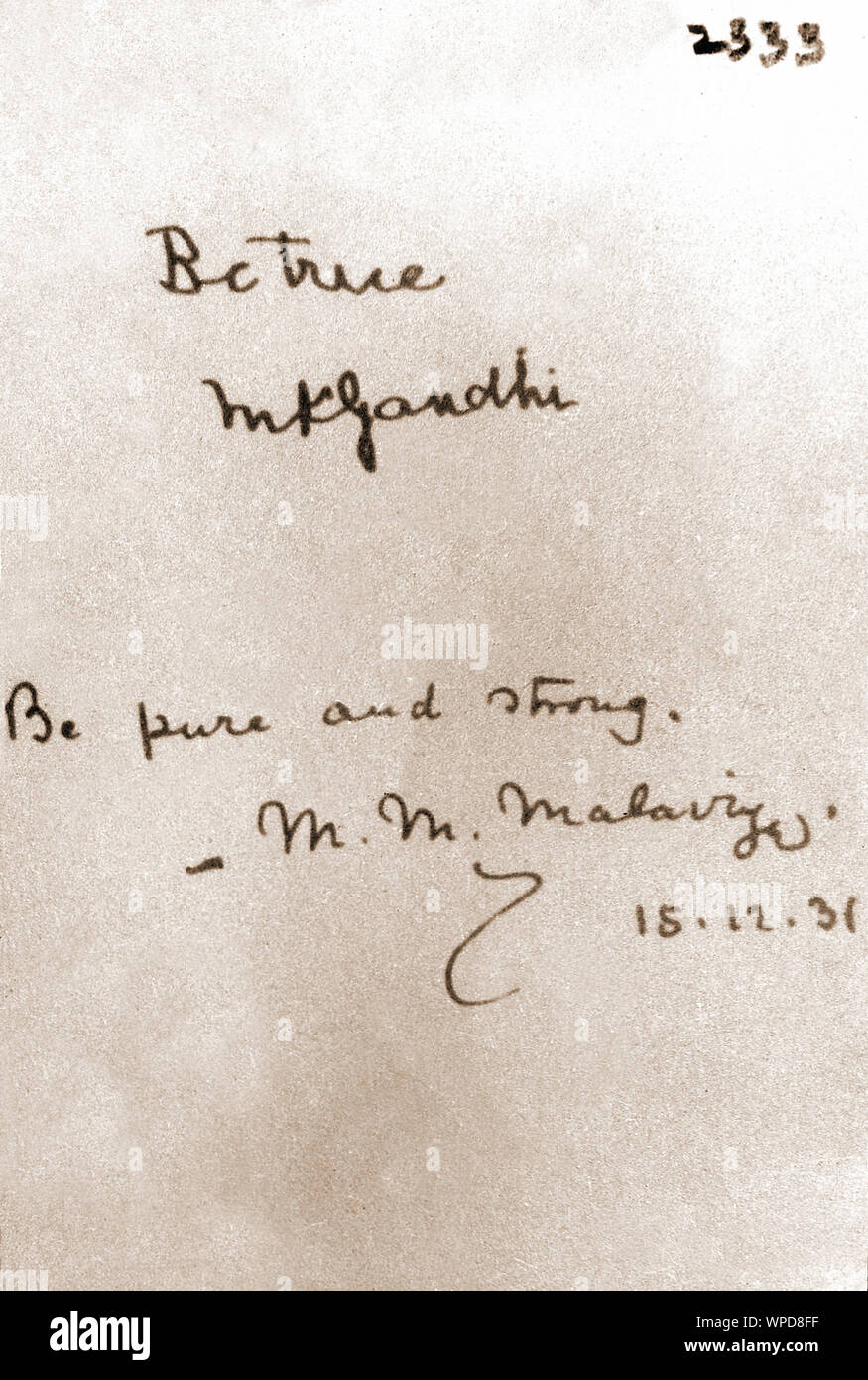 Handschriftliche Nachrichten von Mahatma Gandhi und Madan Mohan Malaviya, Indien, Asien, 15. Dezember 1931 Stockfoto