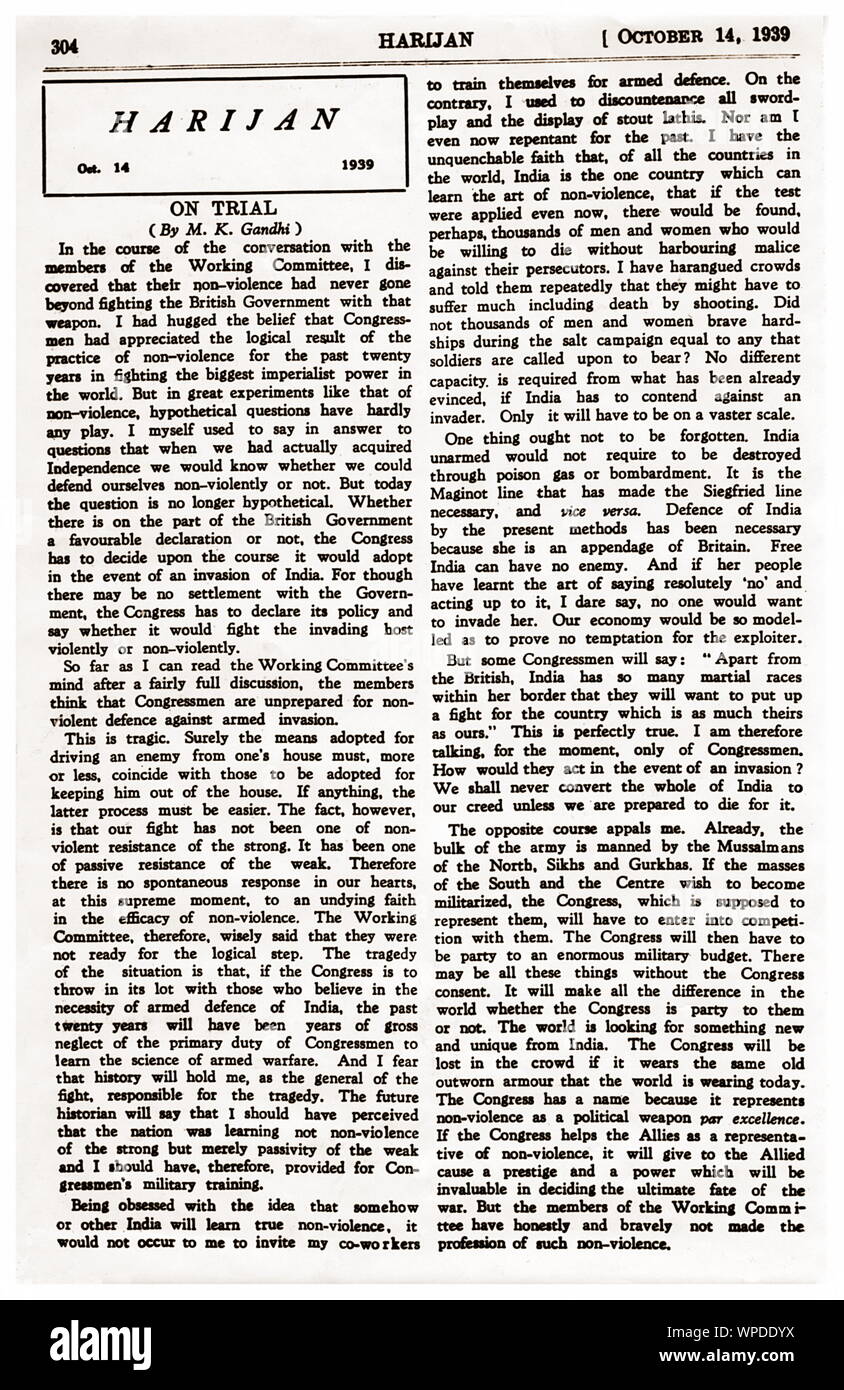 Haridschan Zeitung Seite mit Artikel von Mahatma Gandhi, Poona, Indien, Asien, 14. Oktober 1939 Stockfoto