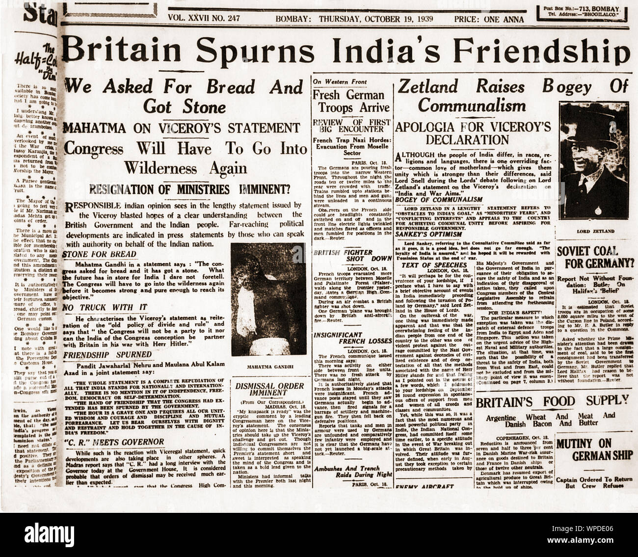 Titelseite von Bombay Chronik Zeitung über Mahatma Gandhi, Indien, Asien, 19. Oktober 1939 Stockfoto