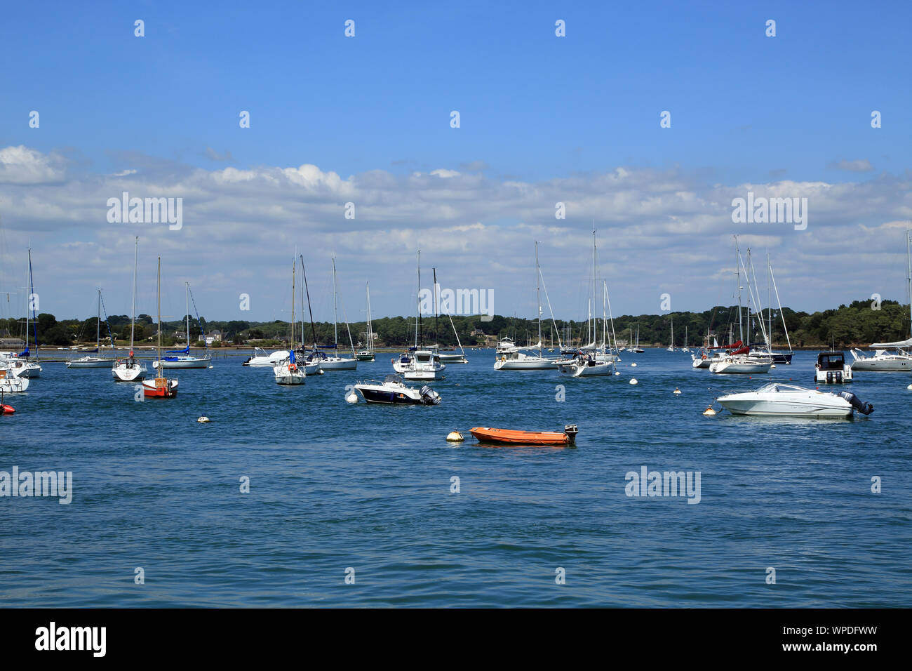 Blick auf die angelegten Boote aus dem Hafen, Port Blanc, Baden, Morbihan, Bretagne, Frankreich Stockfoto