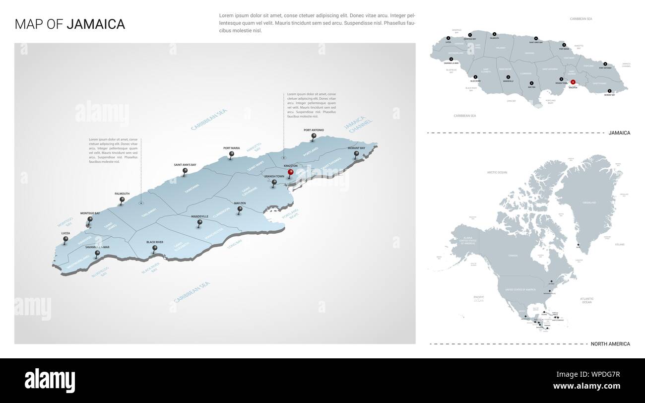 Vektor einrichten von Jamaika Land. Isometrische 3d-Karte, Jamaika Karte, Nordamerika Karte - mit Region, Staat Namen und Städtenamen. Stock Vektor