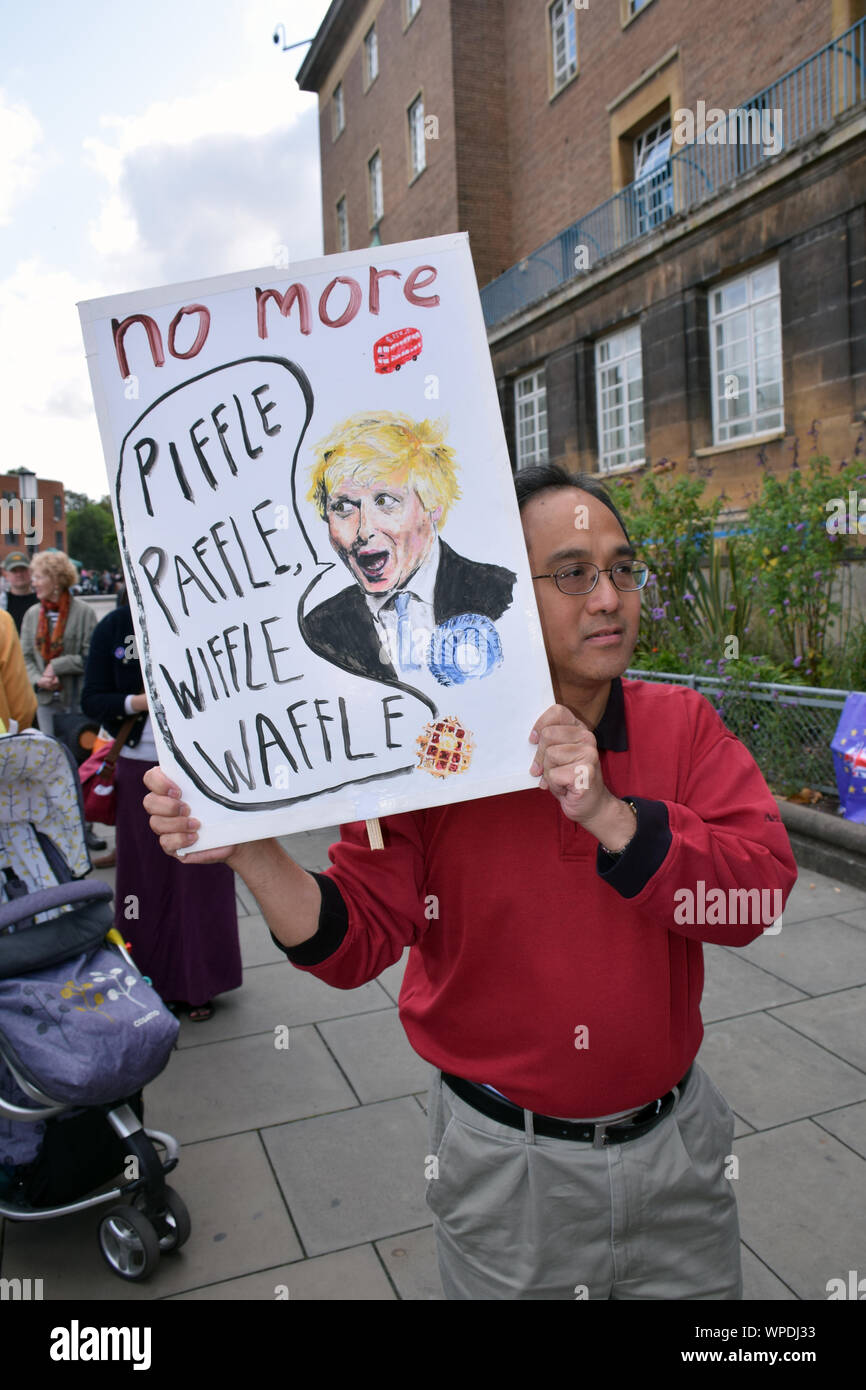 Die Verteidigung der Demokratie: Stop der Putsch Protest außerhalb der Stadt Hall, Norwich UK7 September 2019 - anti Boris Johnson Protest Stockfoto