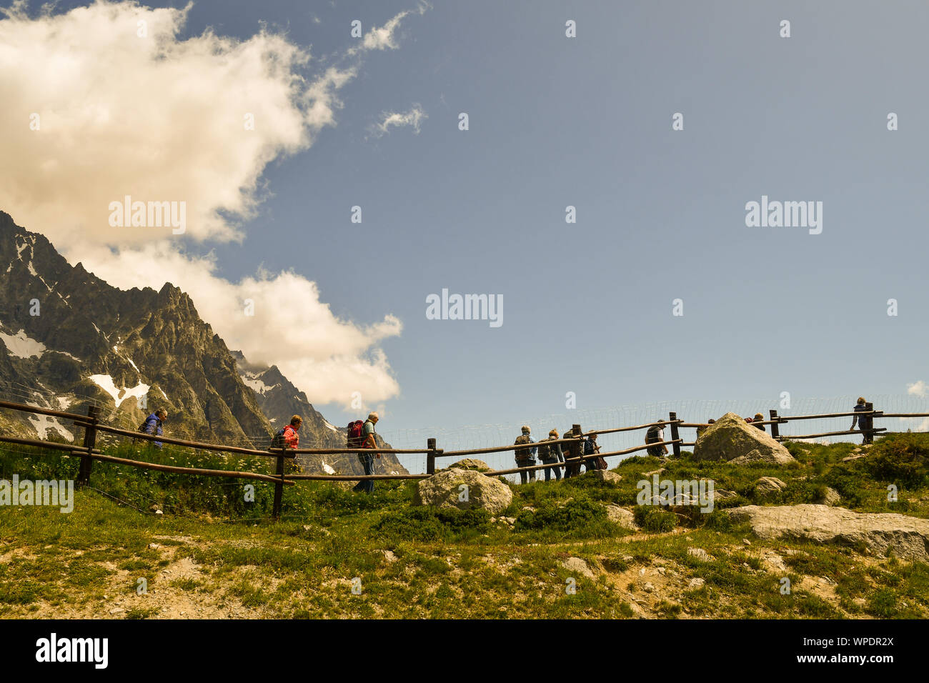 Eine Gruppe älterer Wanderer in der alpinen Botanischen Garten Saussurea der Skyway Monte Bianco im Sommer, Courmayeur, Aostatal, Alpen, Italien Stockfoto