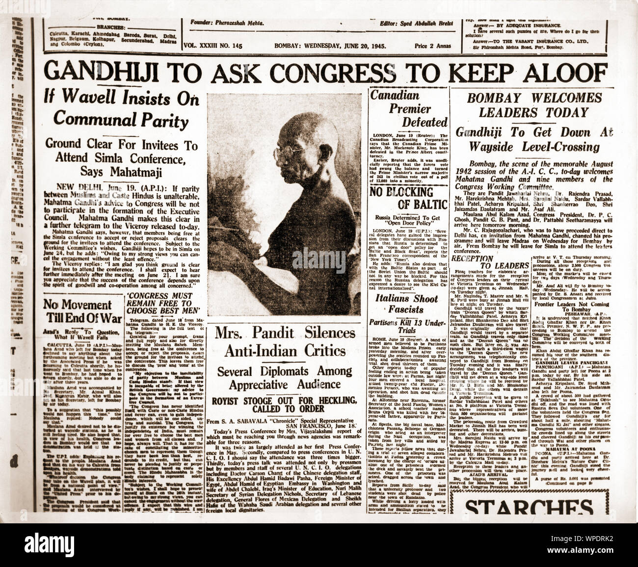 Mahatma Gandhi in Mumbai, Indien, Asien, 20. Juni 1945 Stockfoto