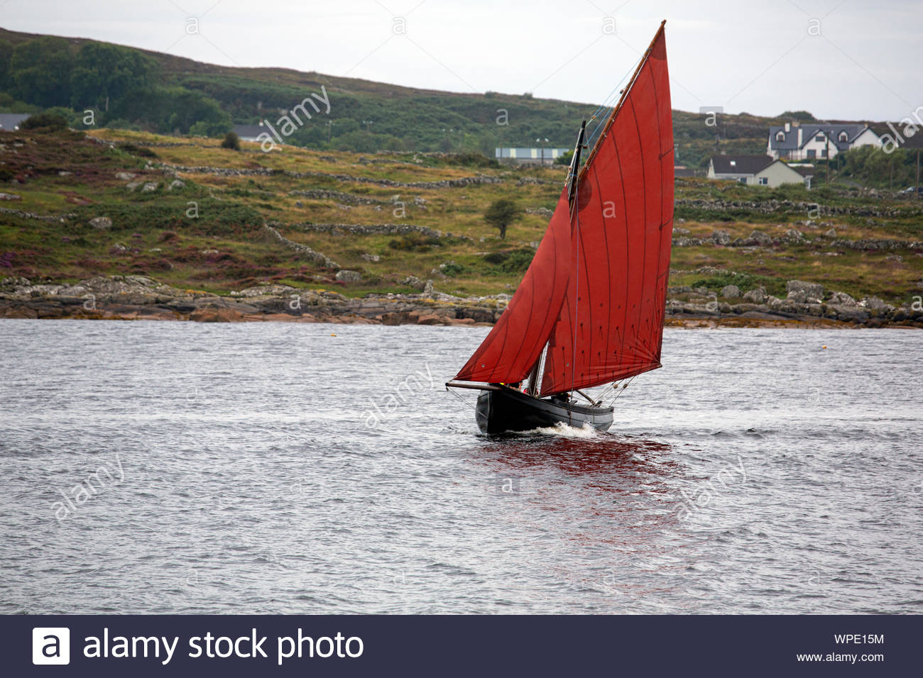 Ein Galway Hooker Segel in flachen Gewässern in der Nähe von Connemara Coast im Westen Irlands Stockfoto