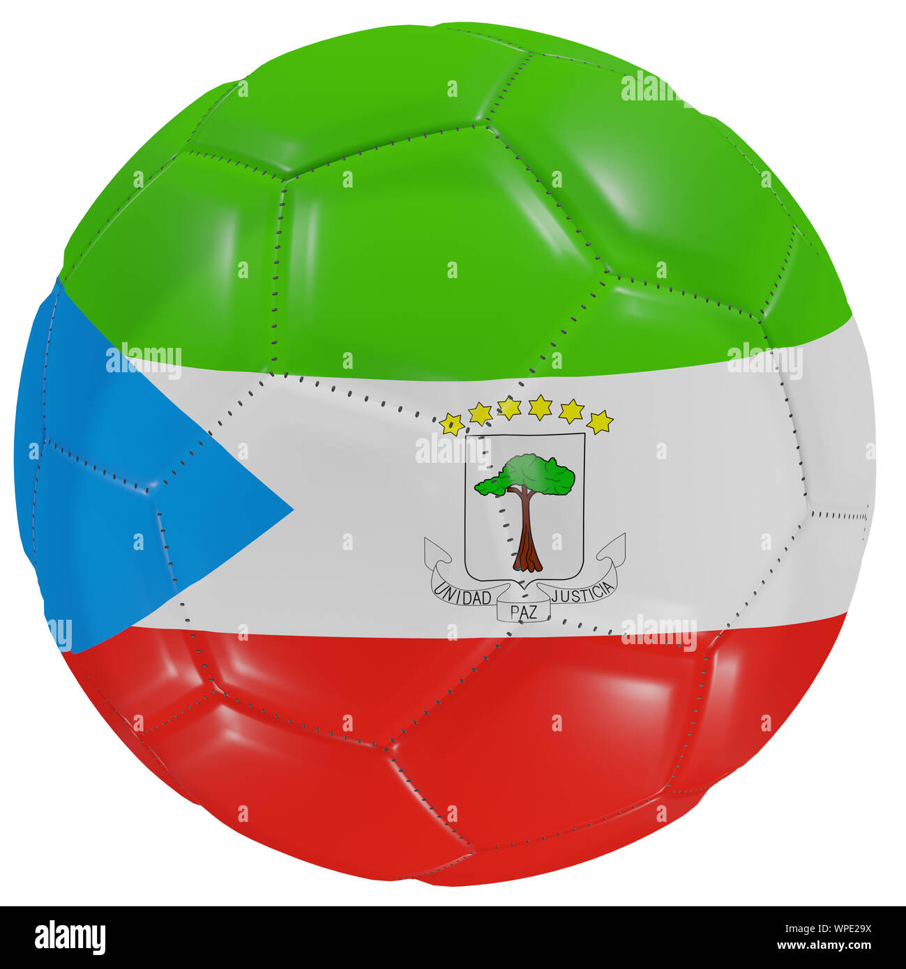 3D-Rendering eines Äquatorialguinea Flagge auf einem Fußball. In weißem Hintergrund Stockfoto