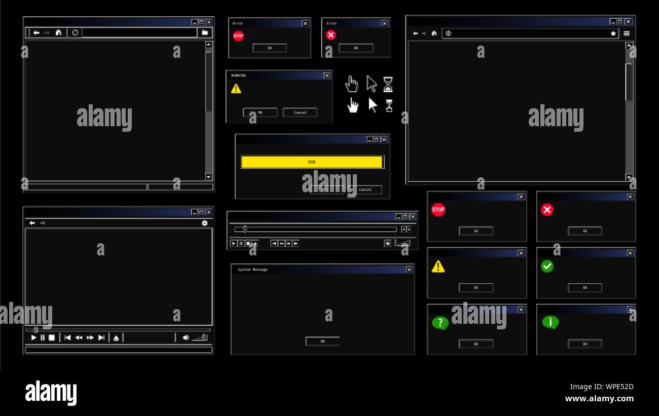 Alte user interface in modernen dunklen Modus. Schwarz Thema der Internet browser Fenster, Fehlermeldung und Video Player Stock Vektor