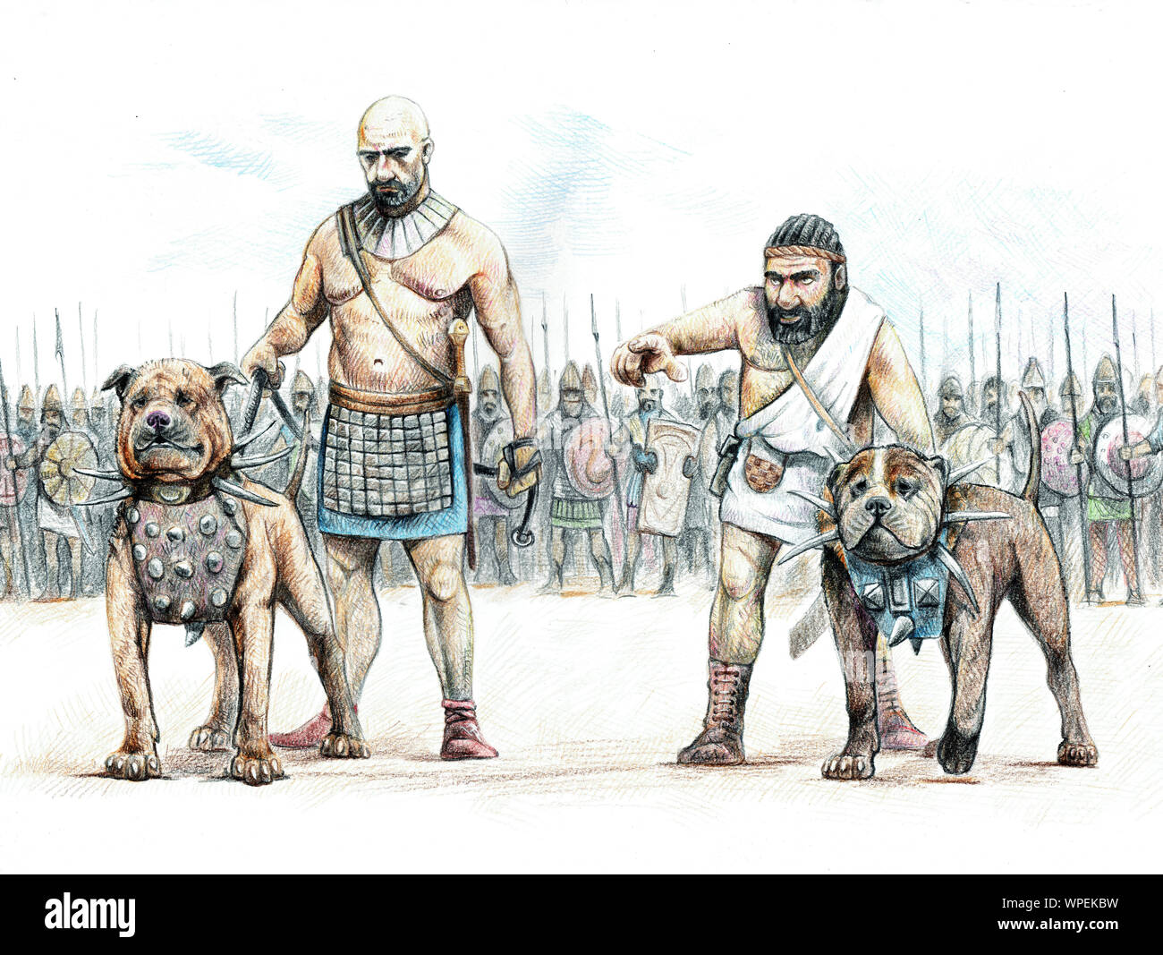 Krieg Hunde der alten Assyrien. Assyrische Armee vor der Schlacht. Historische Illustration. Stockfoto