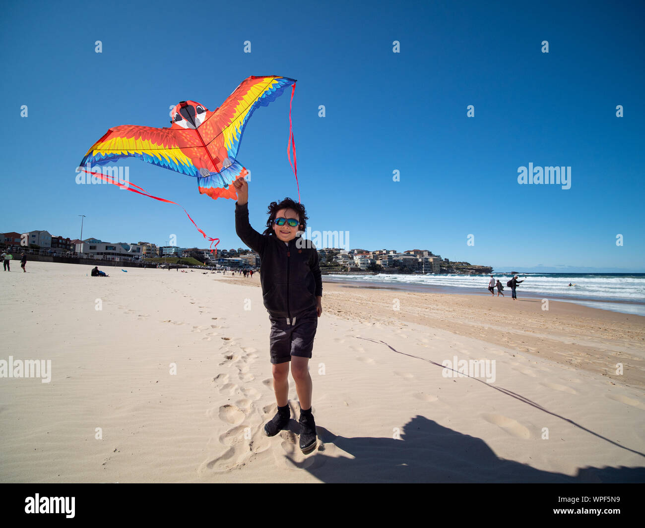 Junge fliegen Drachen am Bondi Beach am 42. jährliches Festival der Winde, September 2019 Stockfoto