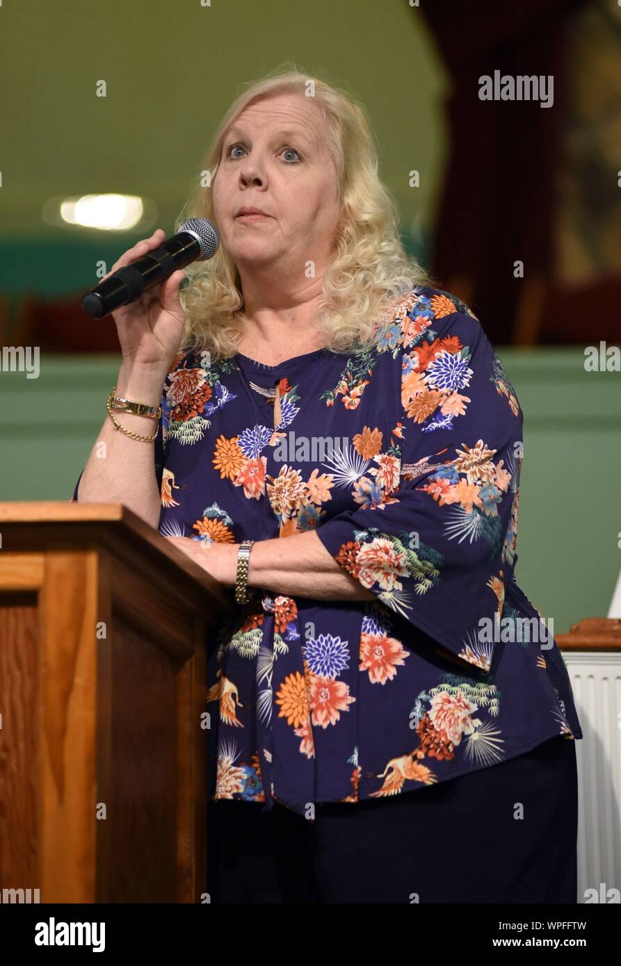 Ebenen, GA, USA. 8. Sep 2019. Jana Carter, Tochter von Billy Carter anwesend für Jimmy Carter lehrt Sonntagsschule, Maranatha Baptist Church, Ebenen, GA 8. September 2019. Credit: Derek Sturm/Everett Collection/Alamy leben Nachrichten Stockfoto