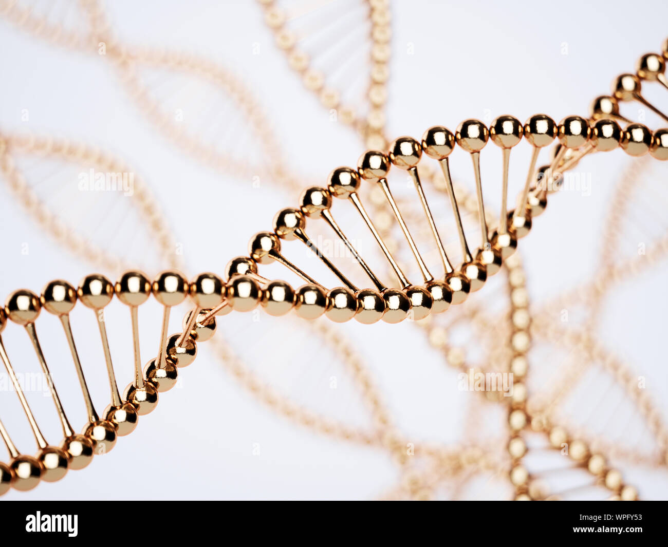 DNA-goldene Strukturmodell mit Weichzeichner. Wissenschaft-medizinische Forschung-Konzept. 3D-Rendering Stockfoto
