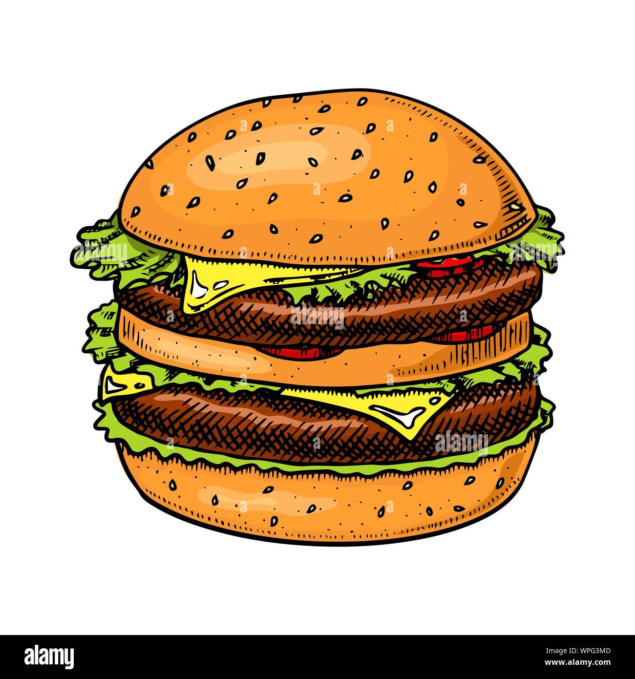 Big Burger im Vintage Style. Fast food Illustration für Banner oder Poster. Hand gezeichnet Sandwich mit Gemüse und ein Brötchen. Stock Vektor