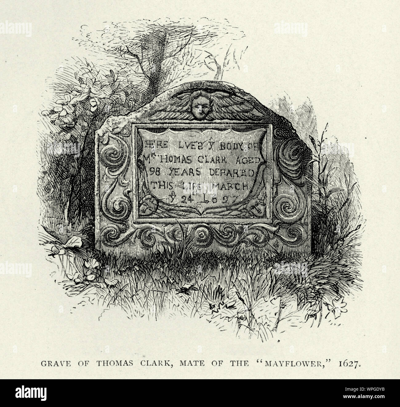Grab von Thomas Clark, mate der Mayflower, 1627 Stockfoto