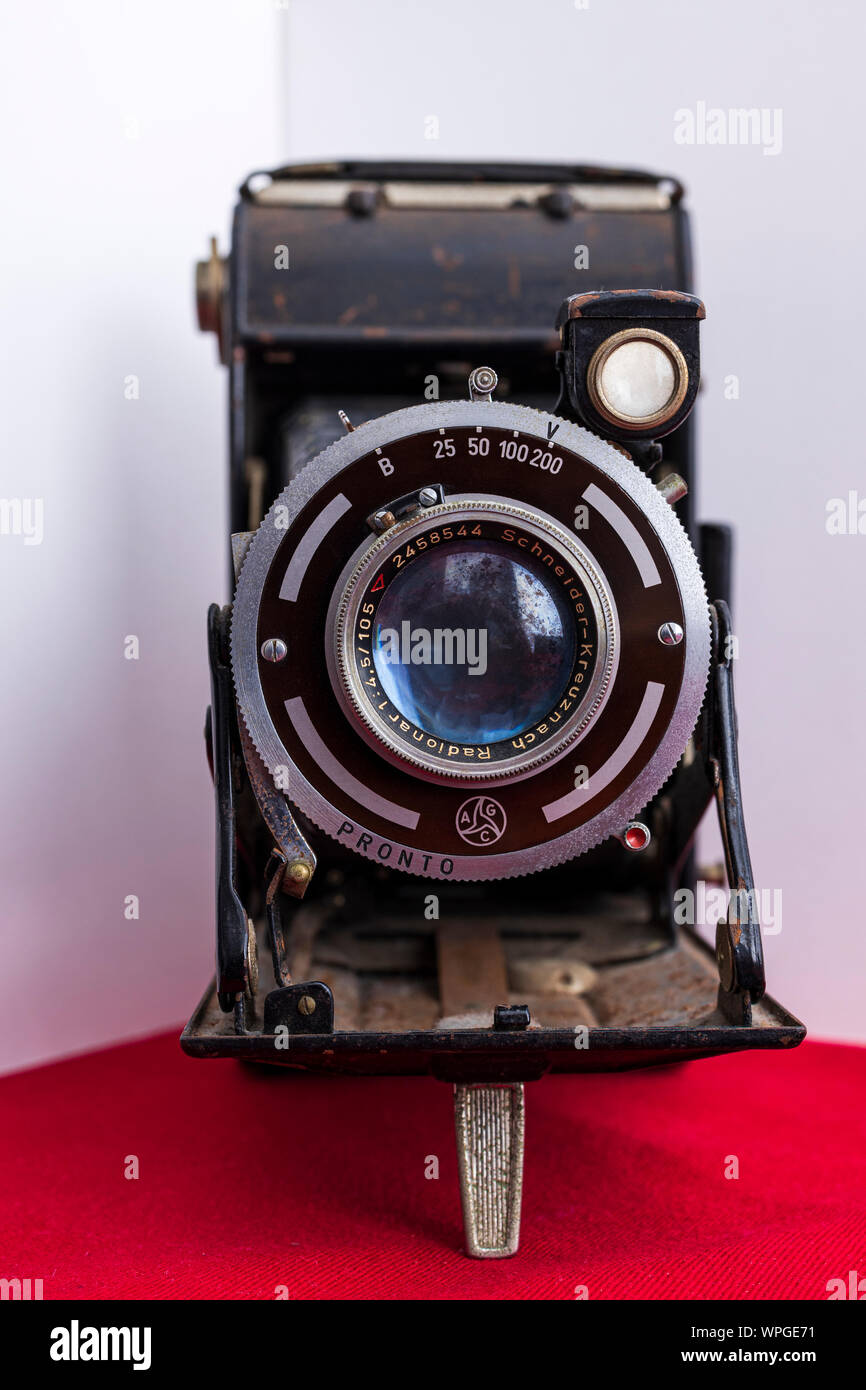 Vintage AGC Pronto falten Kamera aus den 50er Jahren mit Schneider Kreuznach Radionar Linse Stockfoto