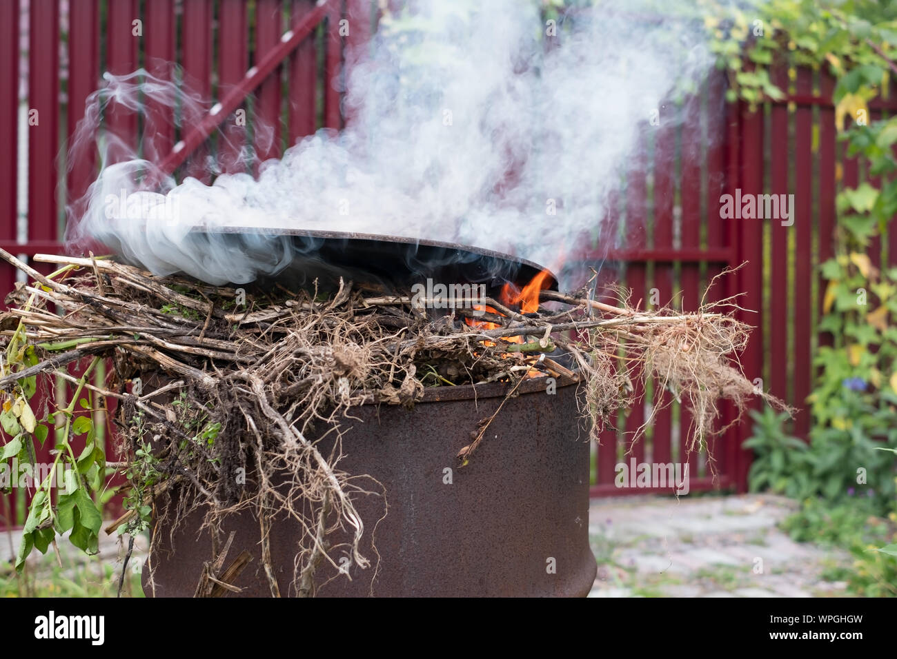 Rostige garten Verbrennungsanlage aus einem Fass mit brennenden Pflanzen und Abfall. Brennen Sie Müll nach der Ernte Stockfoto