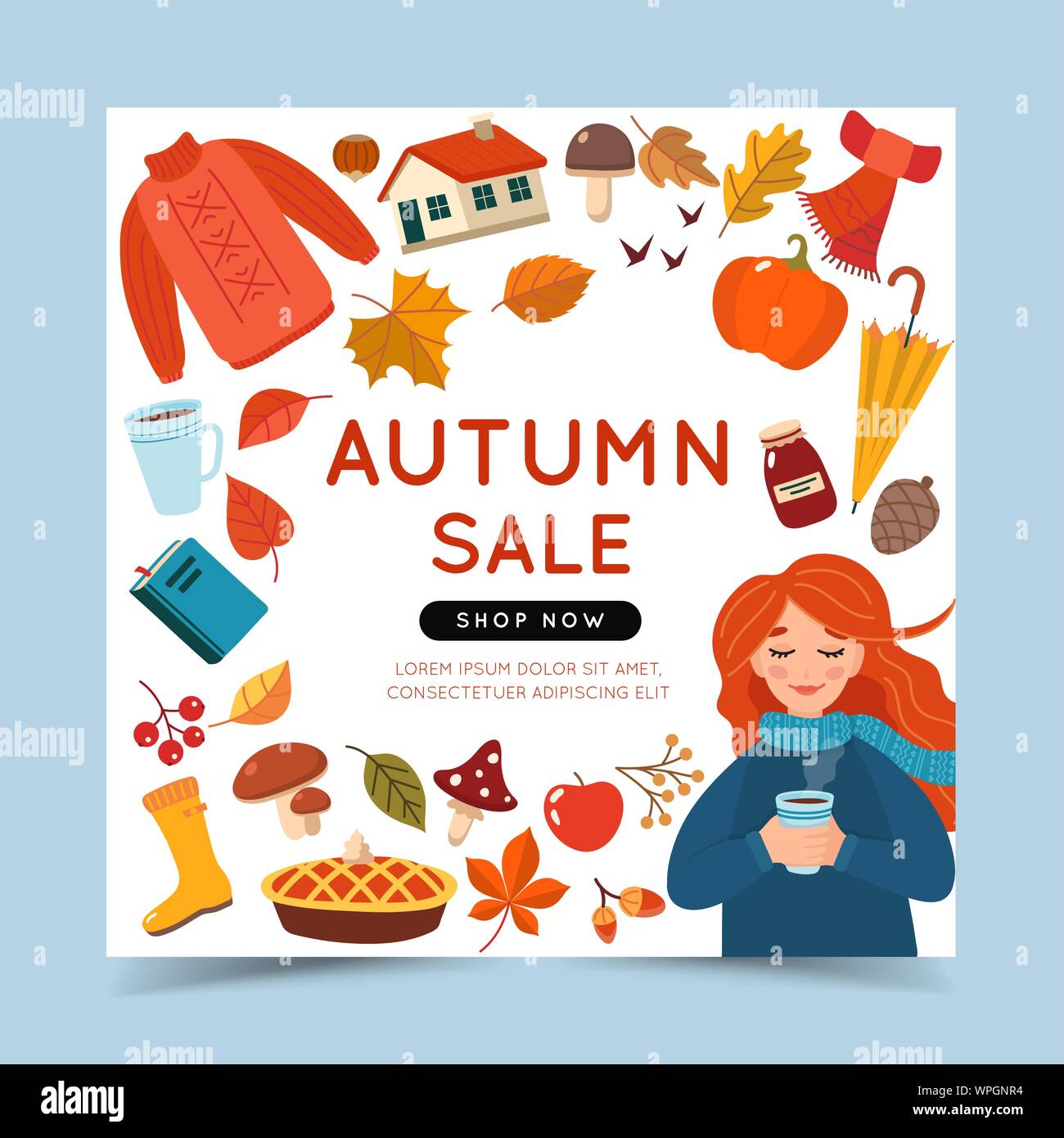 Herbst Sale banner Vorlage mit einem Mädchen und verschiedene Herbst Elemente. Cute Vector Illustration im Cartoon Stil. Stock Vektor