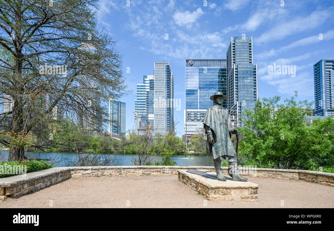 Skulptur von Stevie Ray Vaughan in Town Lake Metropolitan Park in Austin, Texas. Er ist ein Blues Gitarre Legende geboren ich Dallas, Tx. Stockfoto