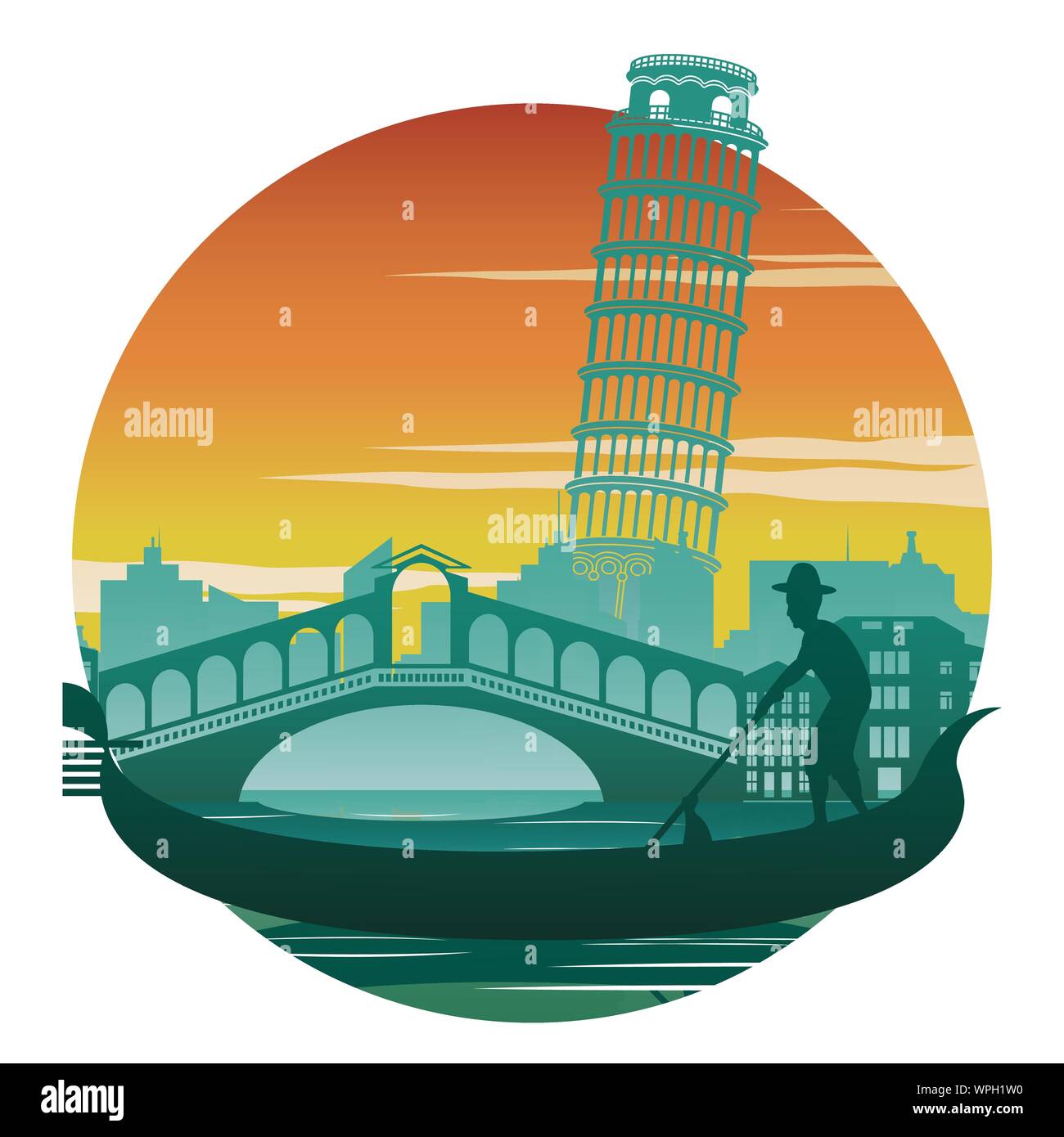 Venedig Boot und Pisa Tower. Italien berühmten Wahrzeichen und Symbol. für Tuch und Web Design, vintage Farbe im Kreis Stil, Vektor, Abbildung Stock Vektor
