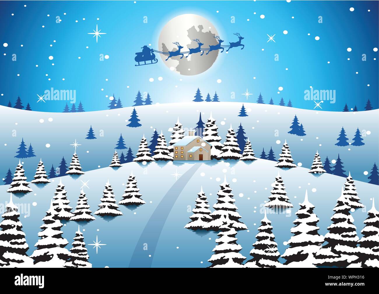 Einsames Haus auf Xmas Night und Santa weg fliegen Geschenk an alle, Vector Illustration zu senden Stock Vektor