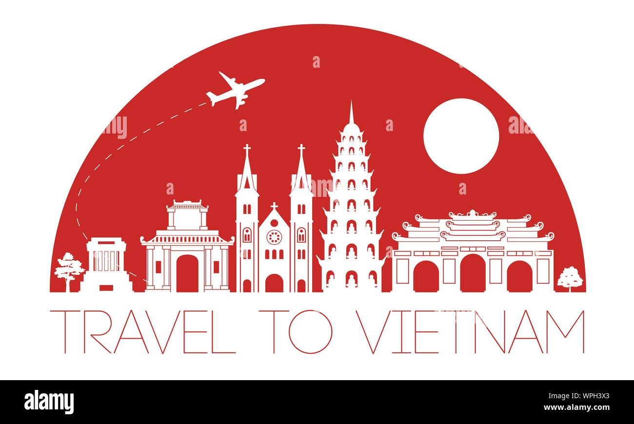 Vietnam top Wahrzeichen Silhouette und Kuppel mit blauer Farbe Stil, Willkommen in Vietnam, Reise und Tourismus, Vector Illustration Stock Vektor