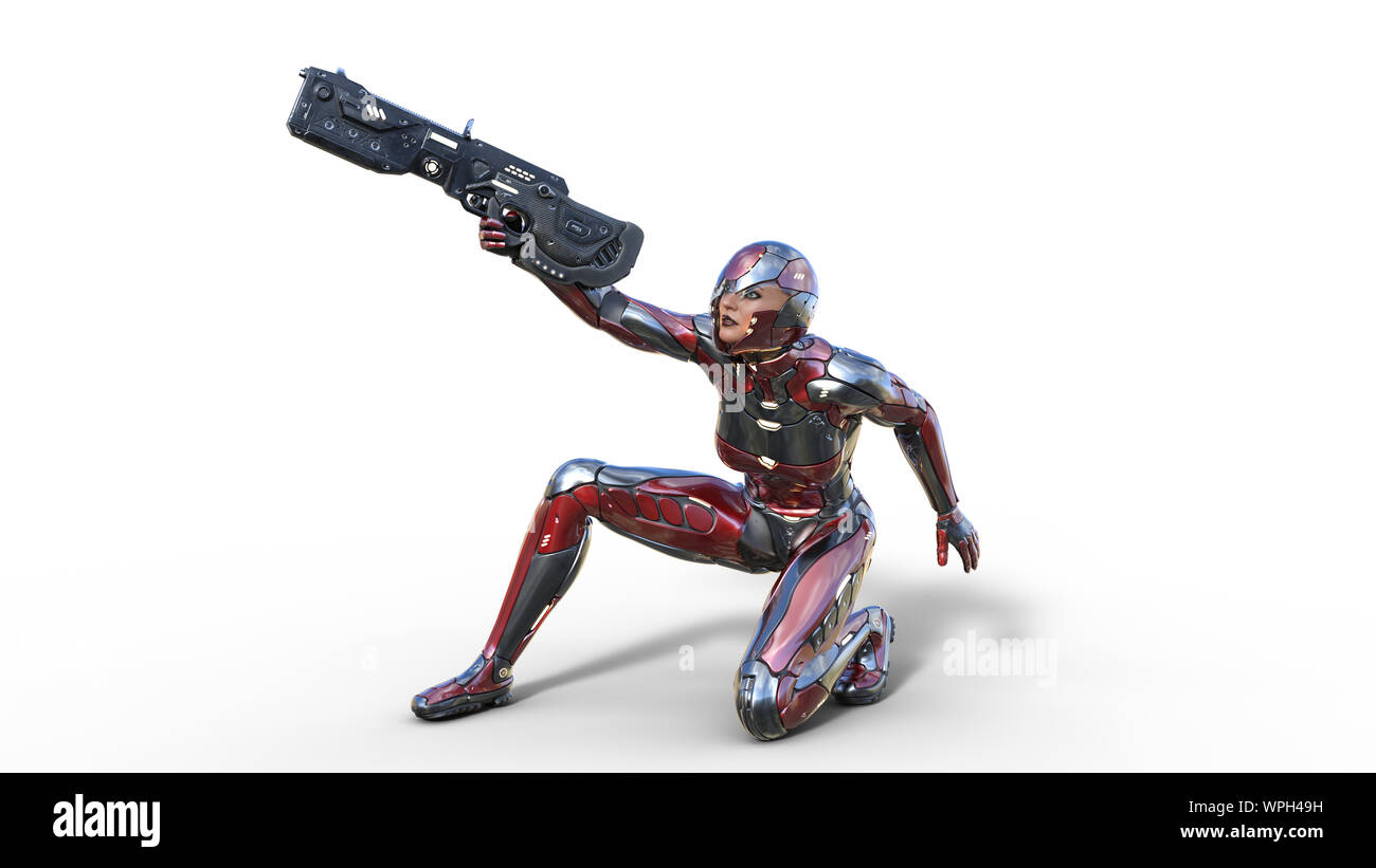 Futuristische android Soldat Frau in bulletproof Rüstung, Militär Cyborg Girl bewaffnet mit sci-fi Gewehr Pistole ducken und Schießen auf weißem Hintergrund, 3D Stockfoto