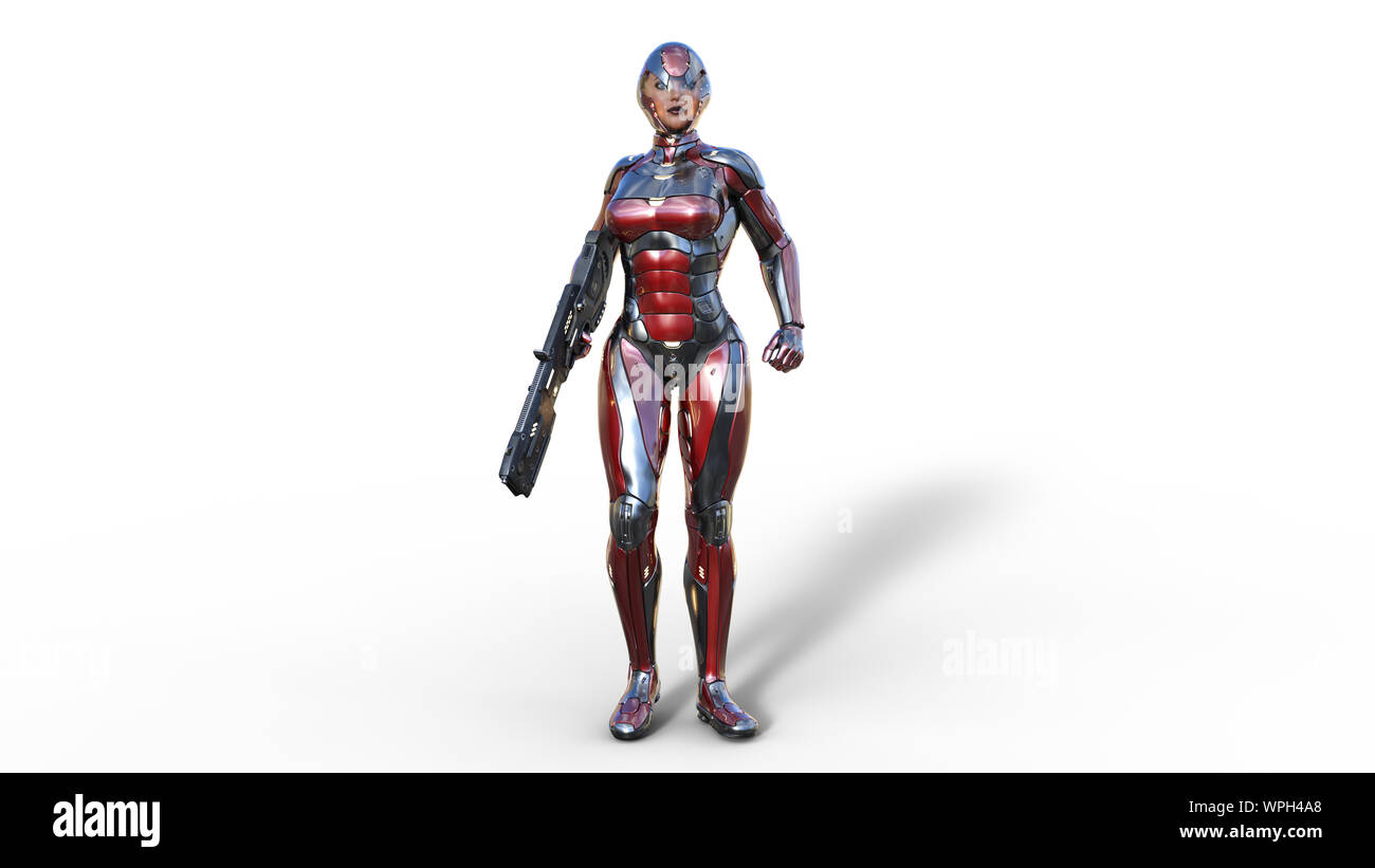 Futuristische android Soldat Frau in bulletproof Rüstung, Militär Cyborg Girl bewaffnet mit sci-fi Gewehr Pistole auf weißem Hintergrund, 3D-Rendering Stockfoto