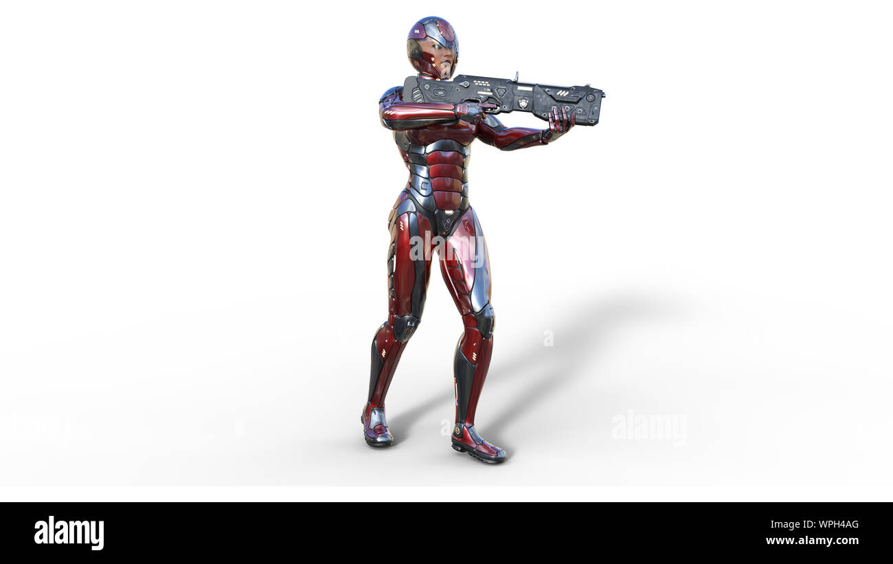 Futuristische android Soldat Frau in bulletproof Rüstung, Militär Cyborg Girl bewaffnet mit sci-fi Gewehr Pistole stehen und Schießen auf weißem Hintergrund, 3D Stockfoto