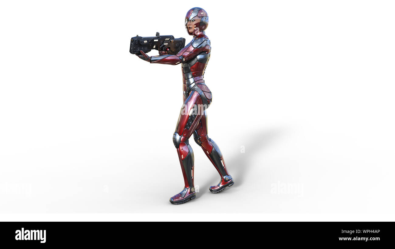 Futuristische android Soldat Frau in bulletproof Rüstung, Militär Cyborg Girl bewaffnet mit sci-fi Gewehr Pistole laufen und schießen auf weißem Hintergrund, 3D-r Stockfoto